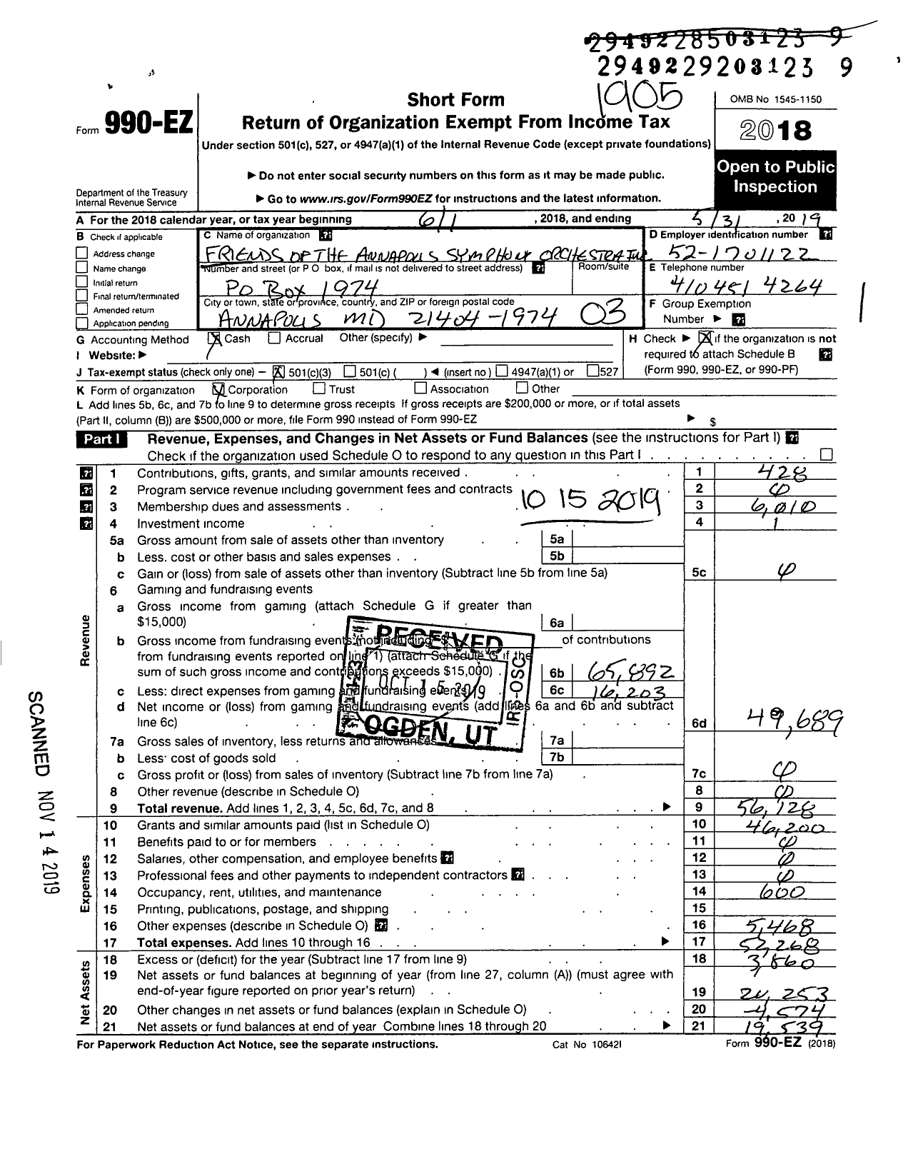 Image of first page of 2018 Form 990EZ for Friends of the Annapolis Symphony Orchestra