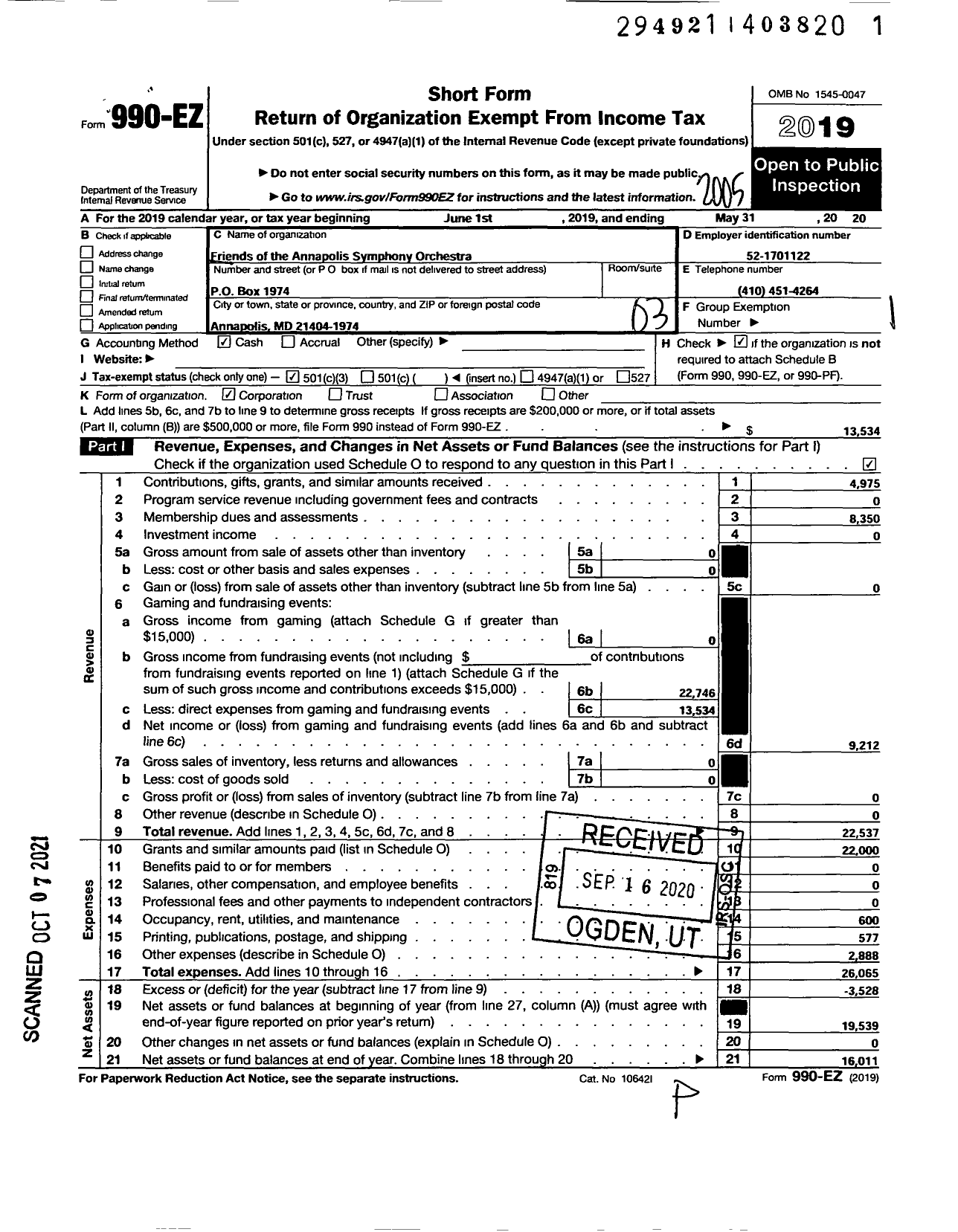 Image of first page of 2019 Form 990EZ for Friends of the Annapolis Symphony Orchestra