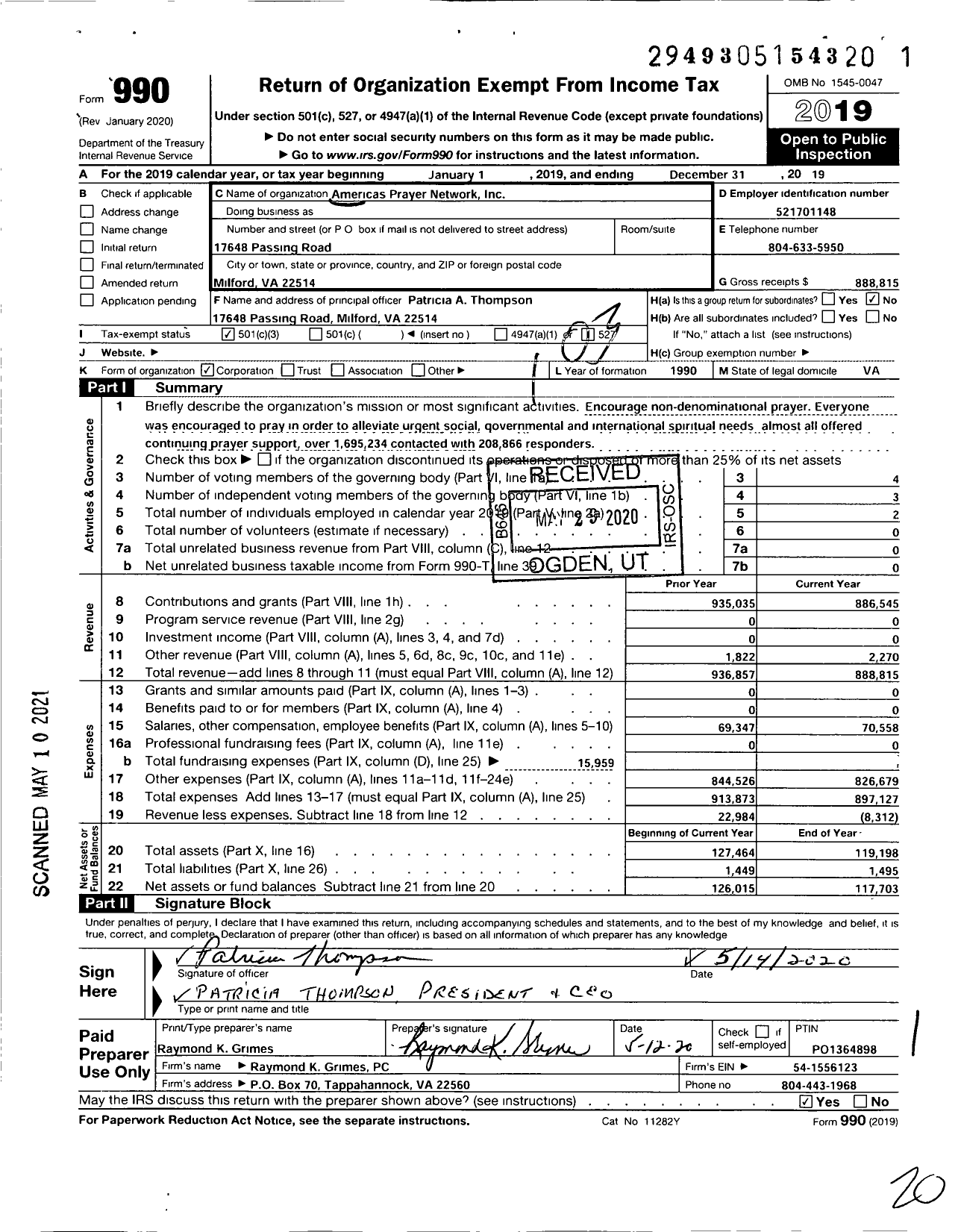 Image of first page of 2019 Form 990 for Americas Prayer Network