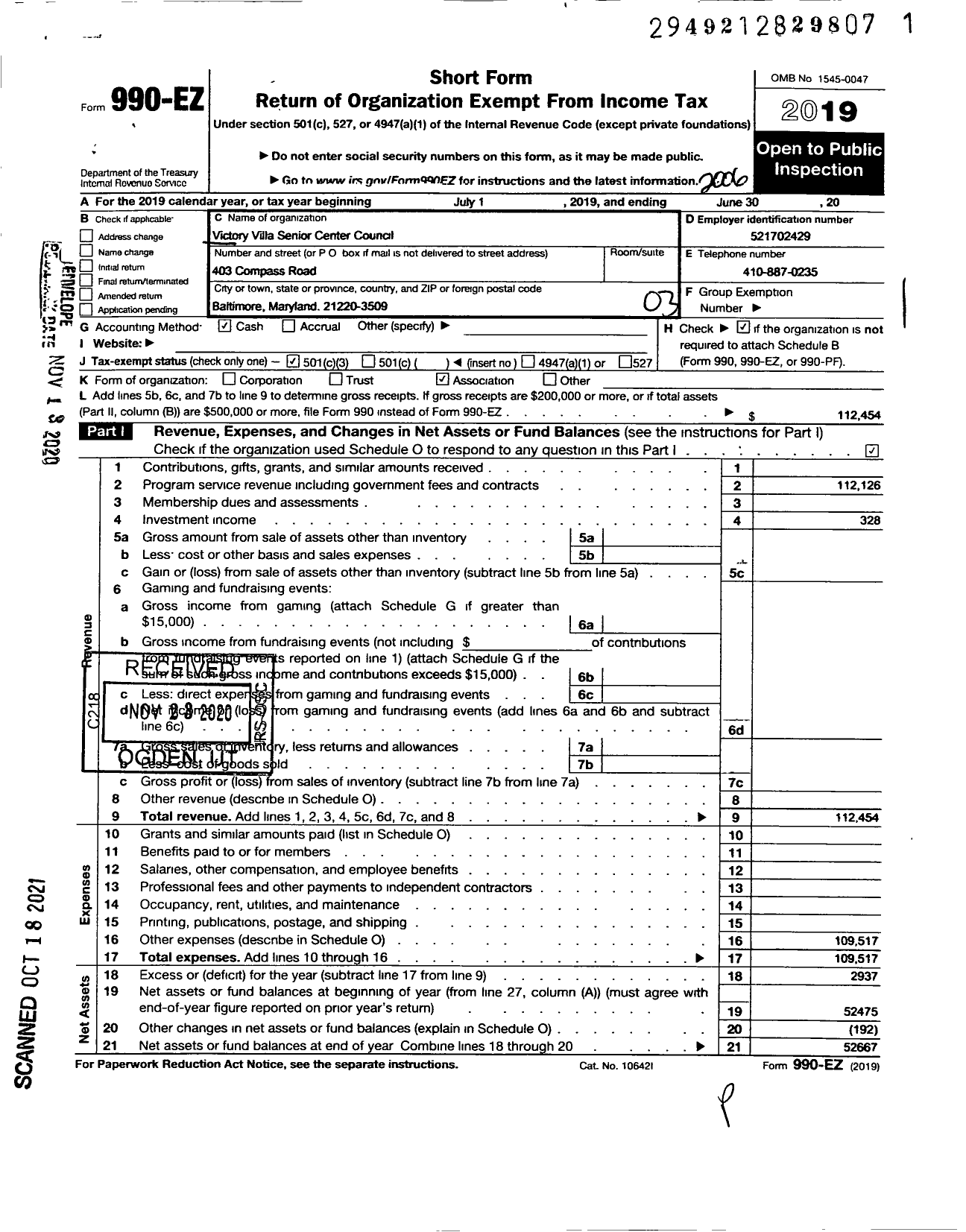 Image of first page of 2019 Form 990EZ for Victory Villa Senior Center