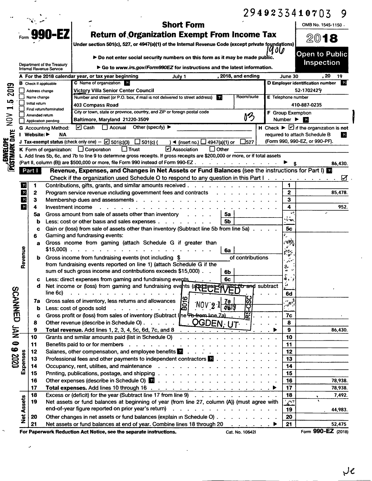 Image of first page of 2018 Form 990EZ for Victory Villa Senior Center