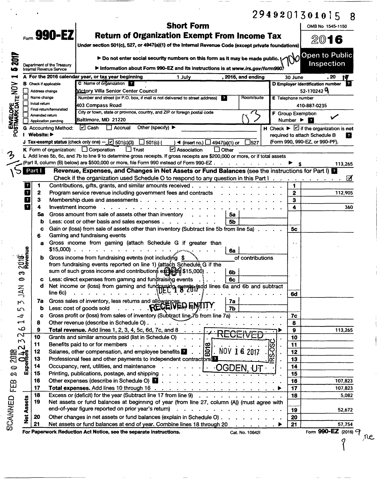 Image of first page of 2016 Form 990EZ for Victory Villa Senior Center