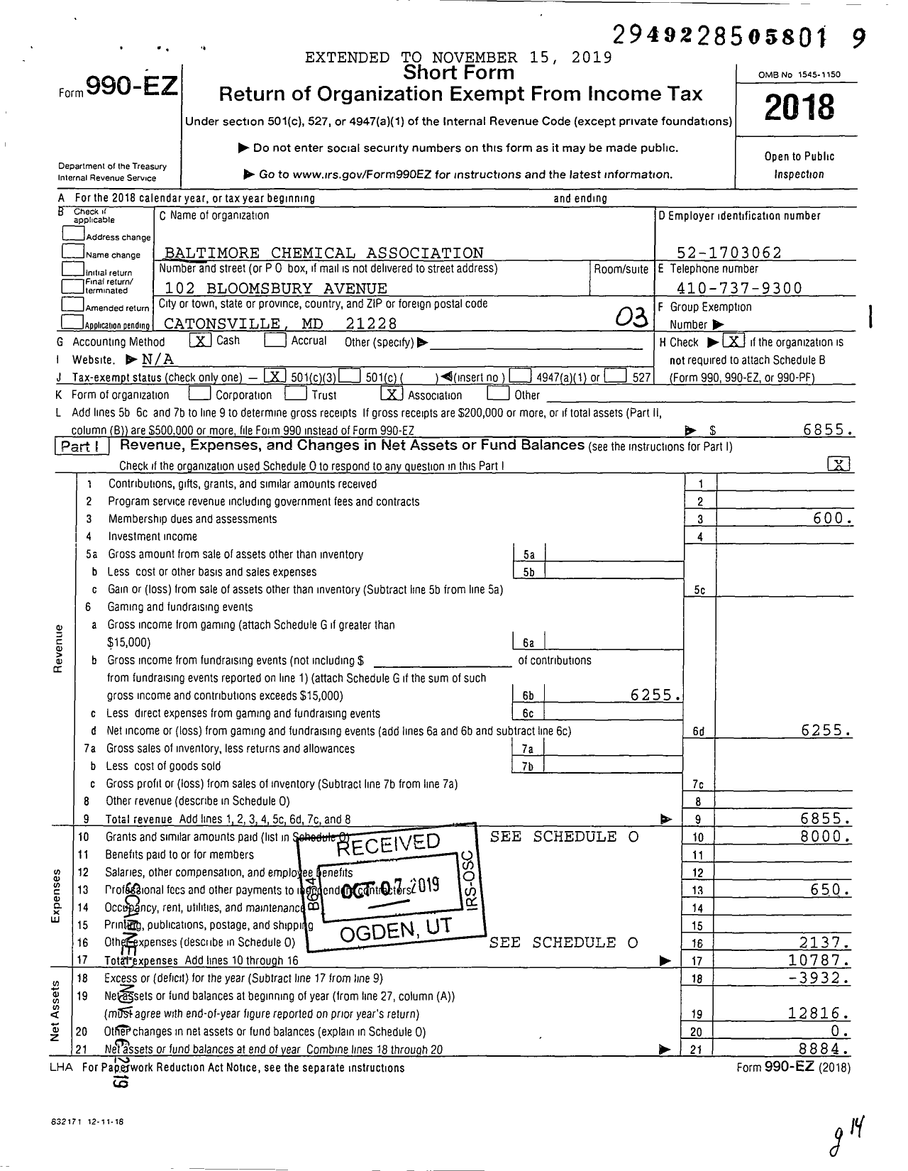 Image of first page of 2018 Form 990EZ for Baltimore Chemical Association