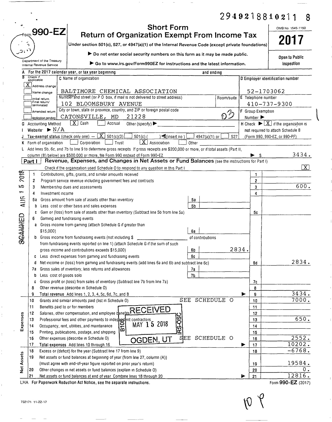 Image of first page of 2017 Form 990EZ for Baltimore Chemical Association