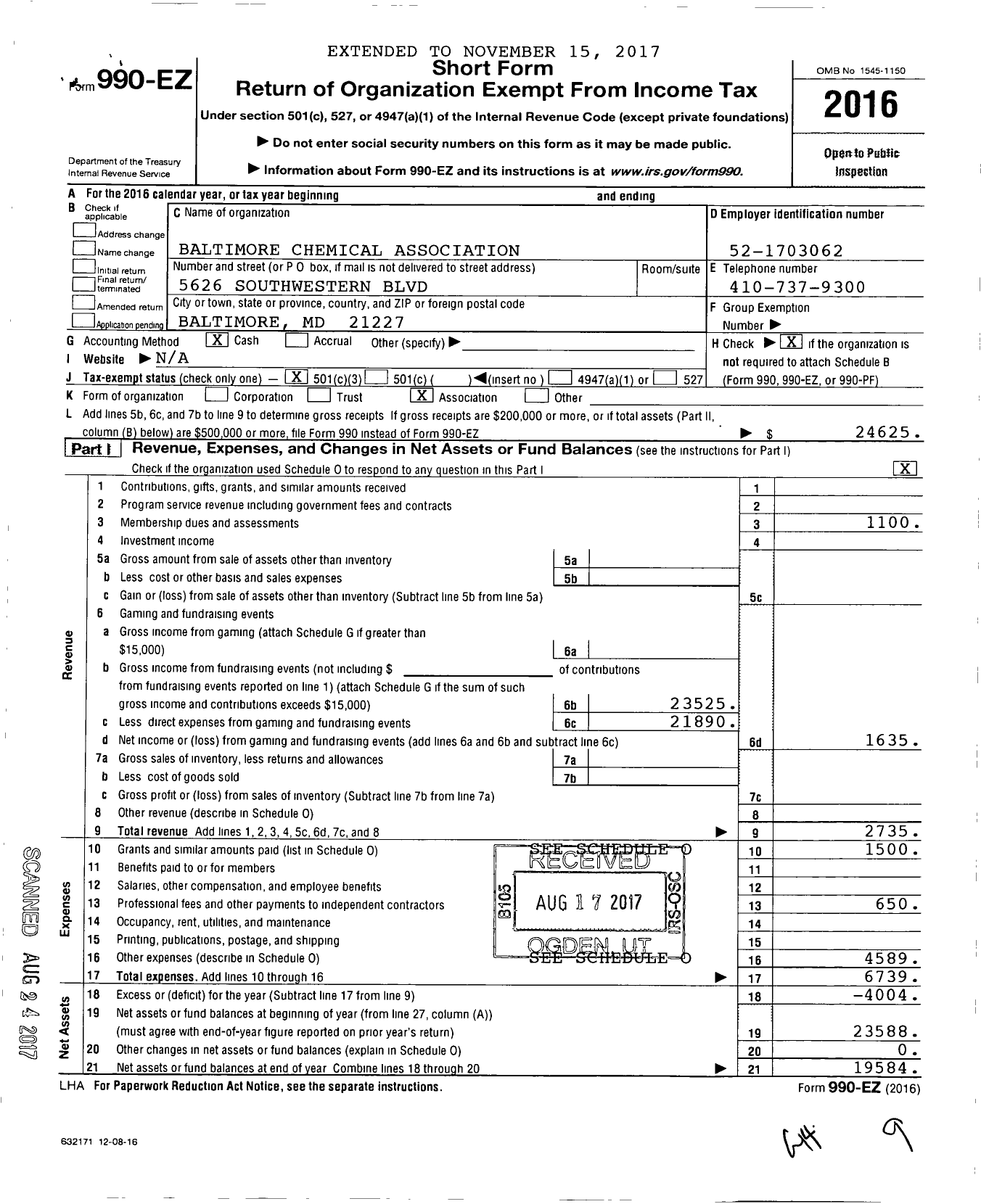 Image of first page of 2016 Form 990EZ for Baltimore Chemical Association