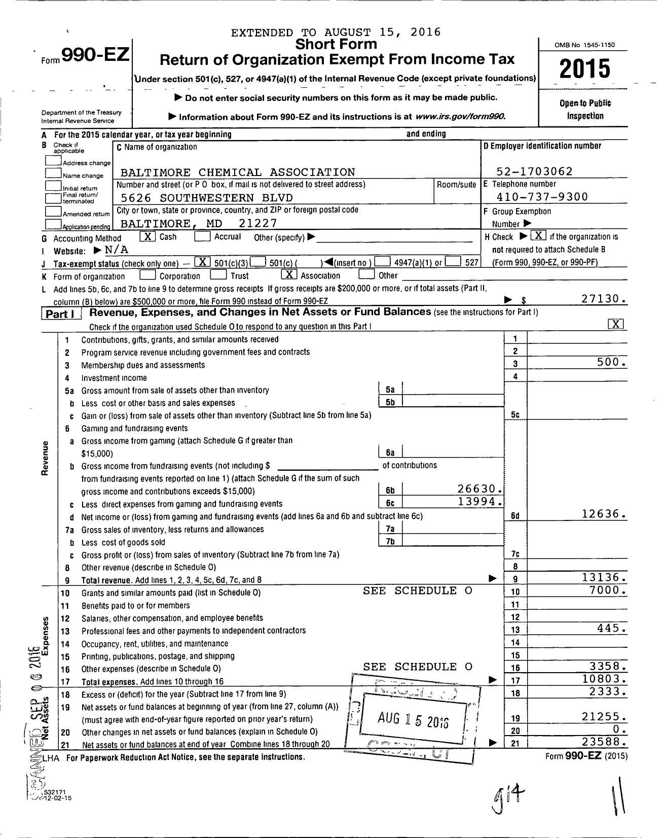 Image of first page of 2015 Form 990EZ for Baltimore Chemical Association