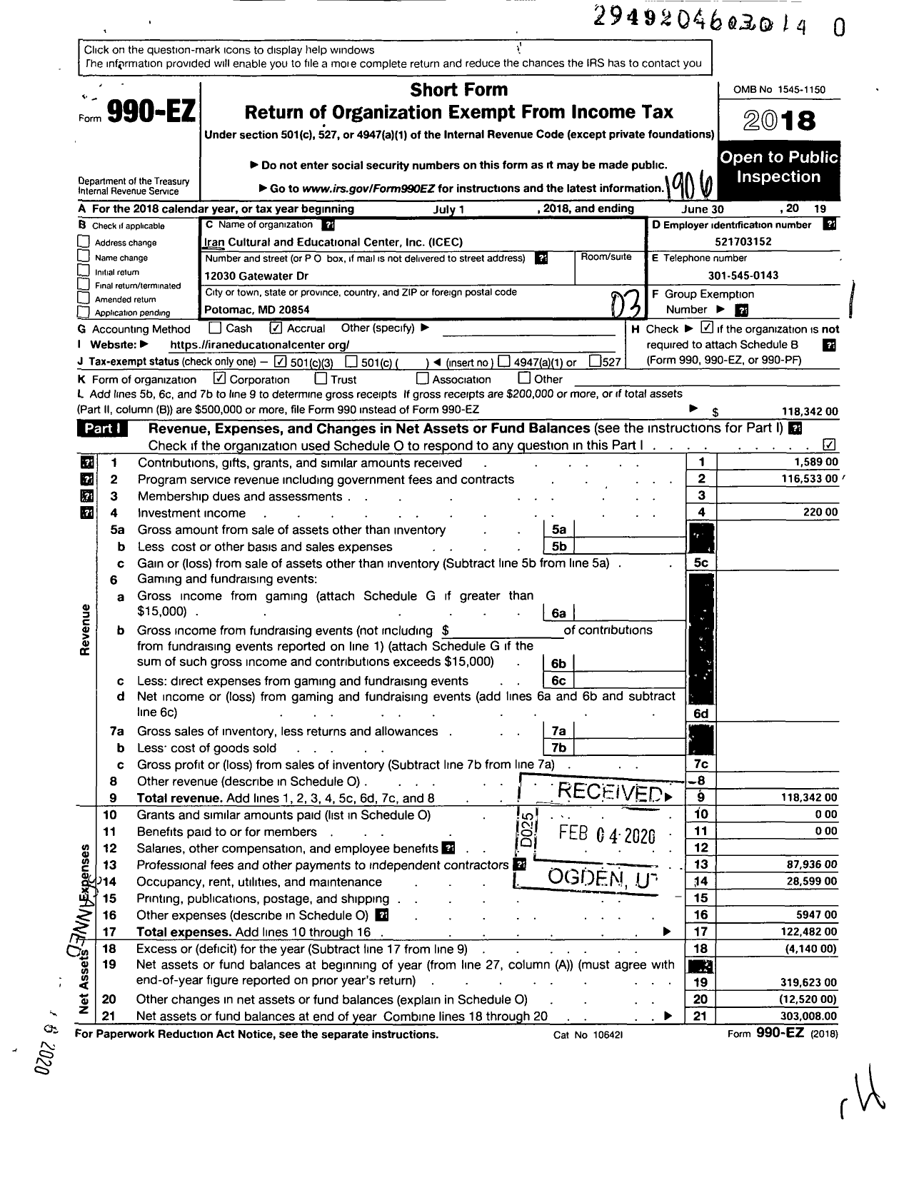 Image of first page of 2018 Form 990EZ for Iran Cultural and Educational Center