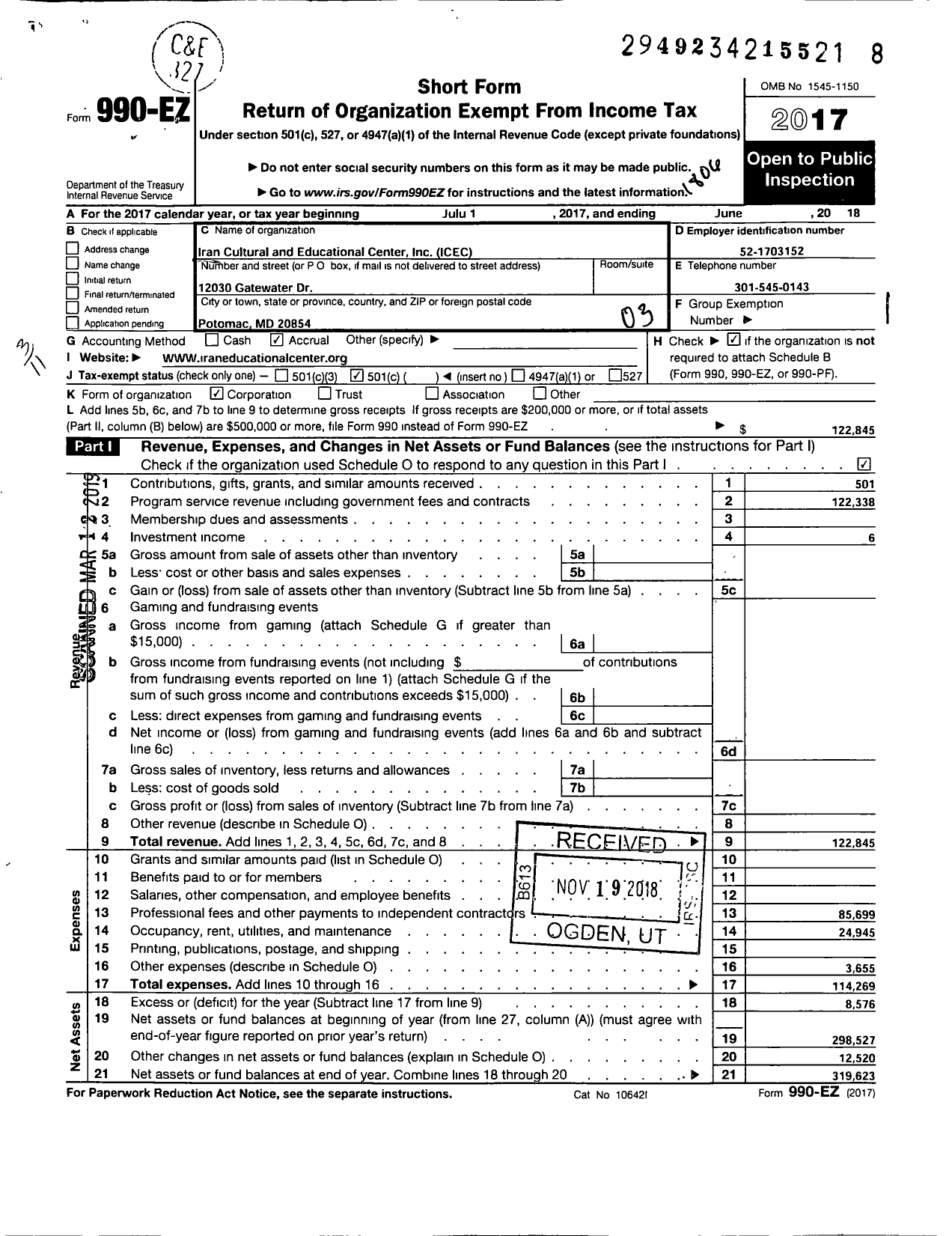 Image of first page of 2017 Form 990EZ for Iran Cultural and Educational Center