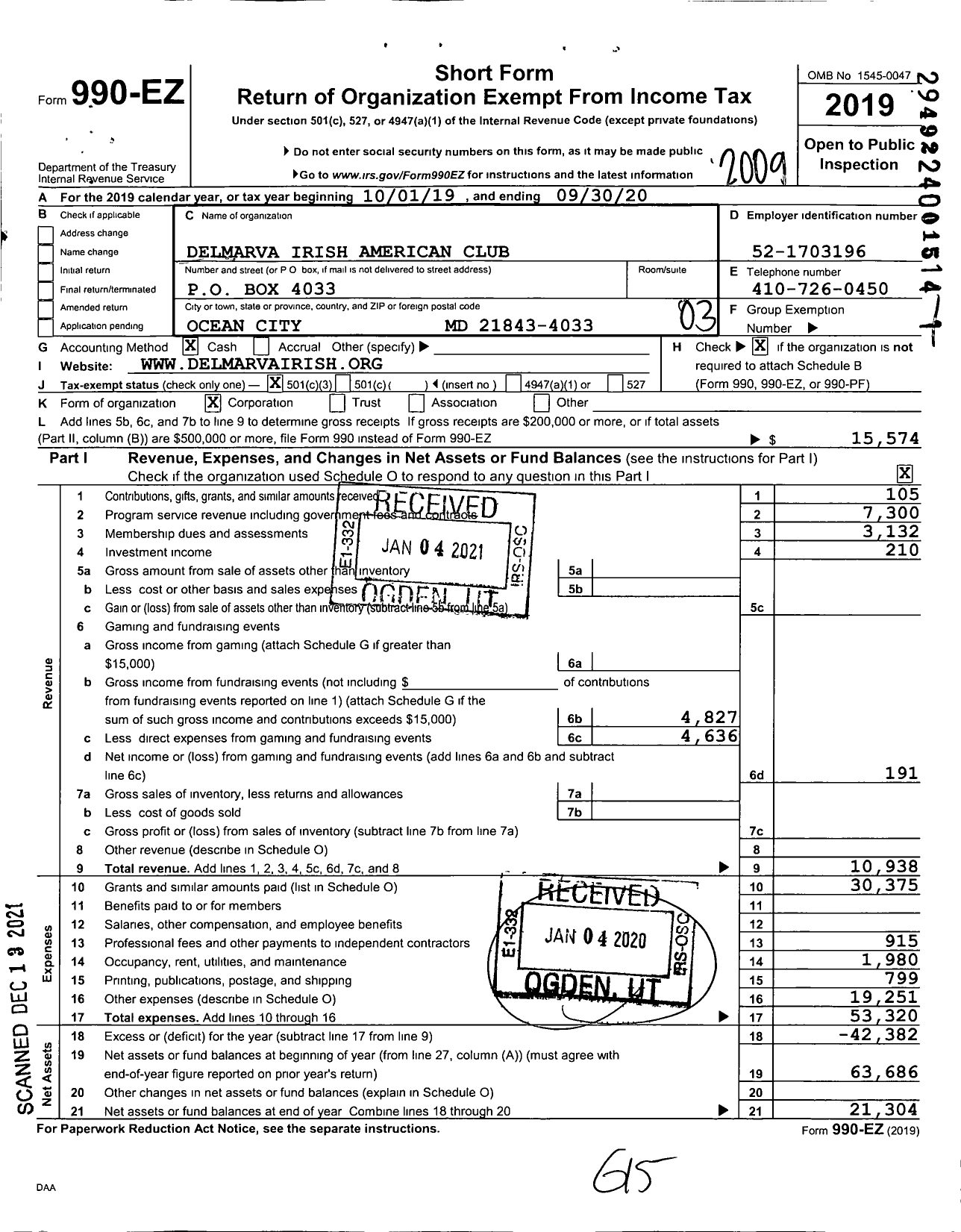 Image of first page of 2019 Form 990EZ for Delmarva Irish American Club