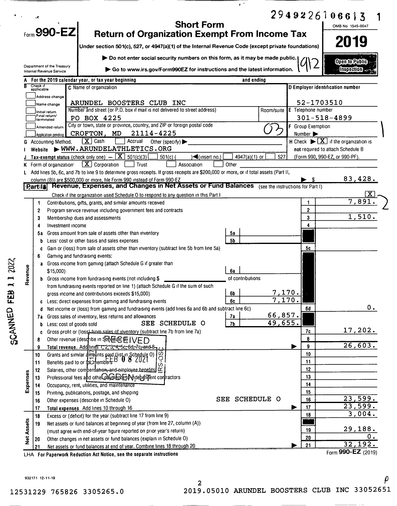 Image of first page of 2019 Form 990EZ for Arundel Boosters Club