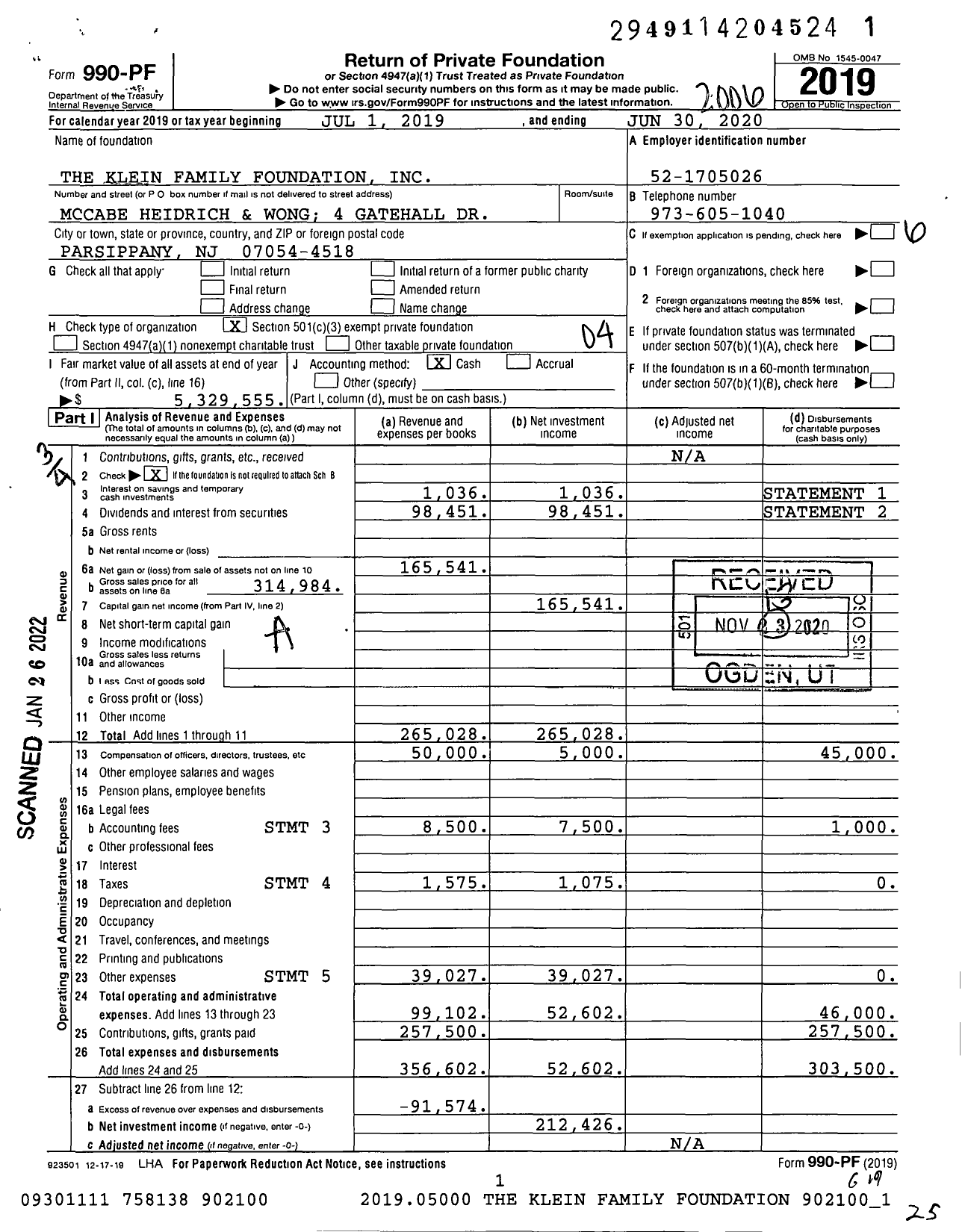 Image of first page of 2019 Form 990PF for The Klein Family Foundation