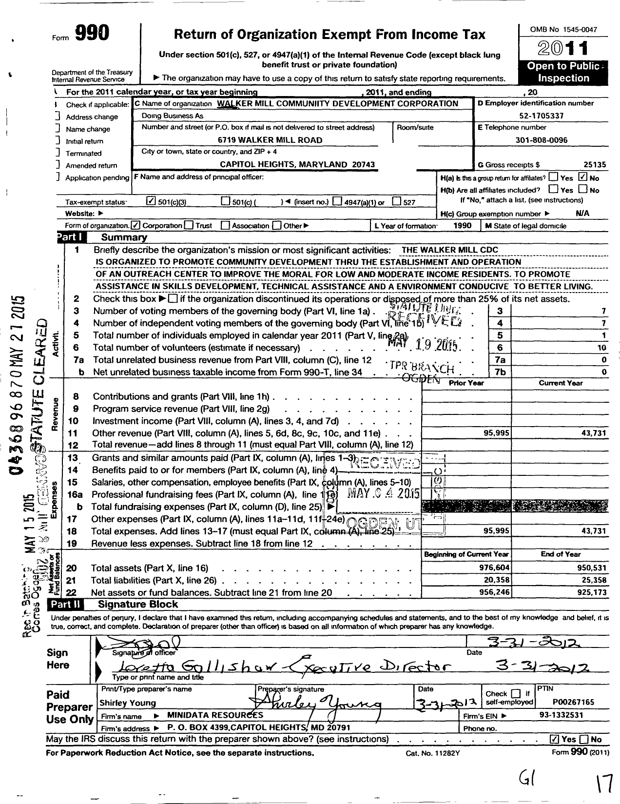 Image of first page of 2011 Form 990 for Walker Mill Community Development Corporation