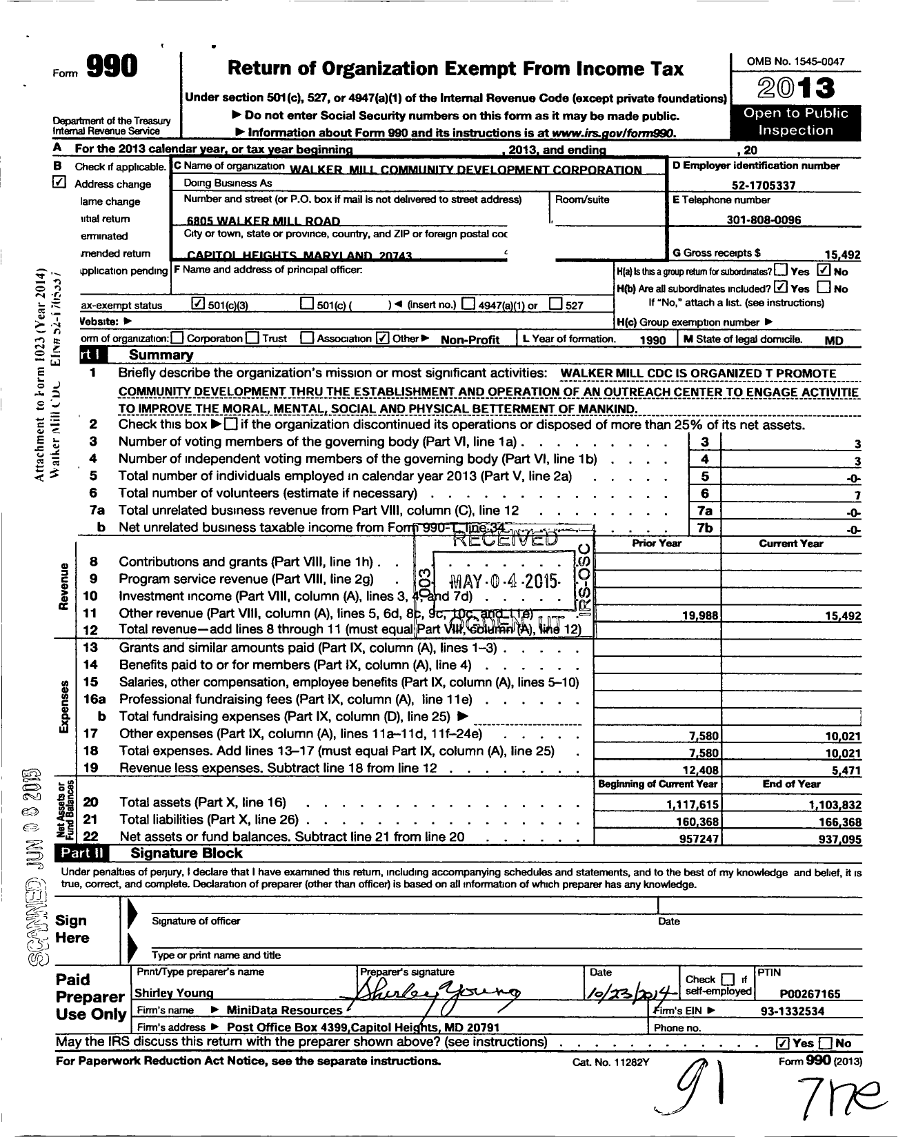 Image of first page of 2013 Form 990 for Walker Mill Community Development Corporation