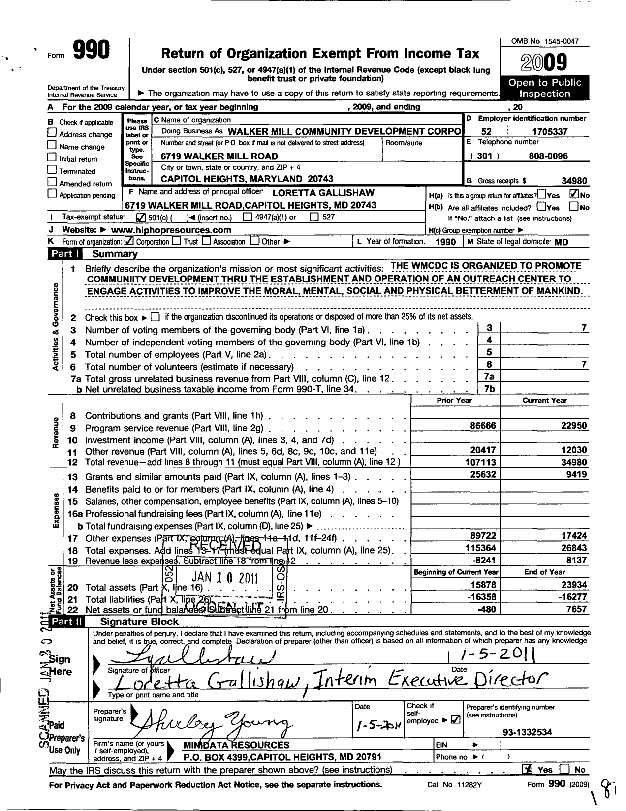 Image of first page of 2009 Form 990O for Walker Mill Community Development Corporation