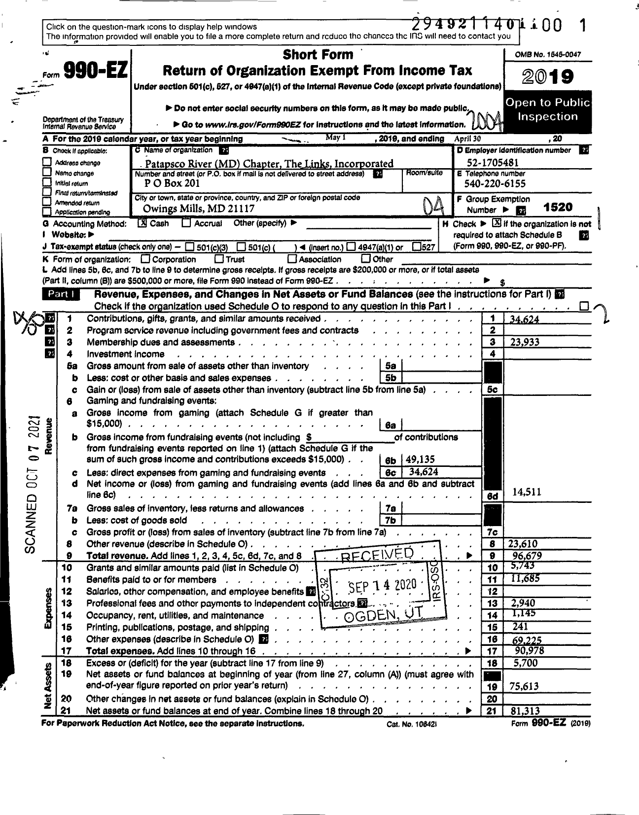 Image of first page of 2019 Form 990EO for Links Inc Patapsco River Chapter