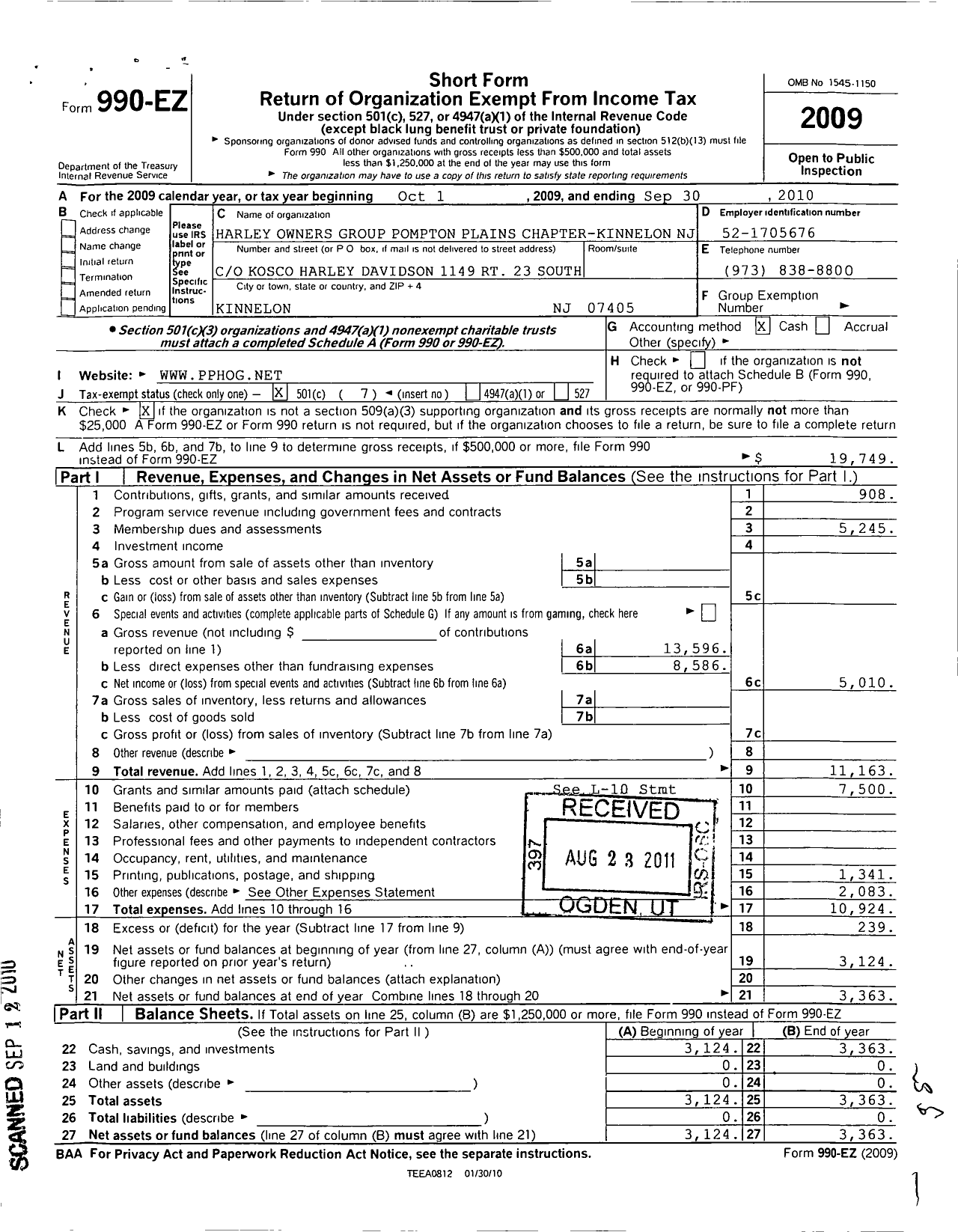 Image of first page of 2009 Form 990EO for Harley Owners Group Garden State Chapter Morris County NJ A NJ Non