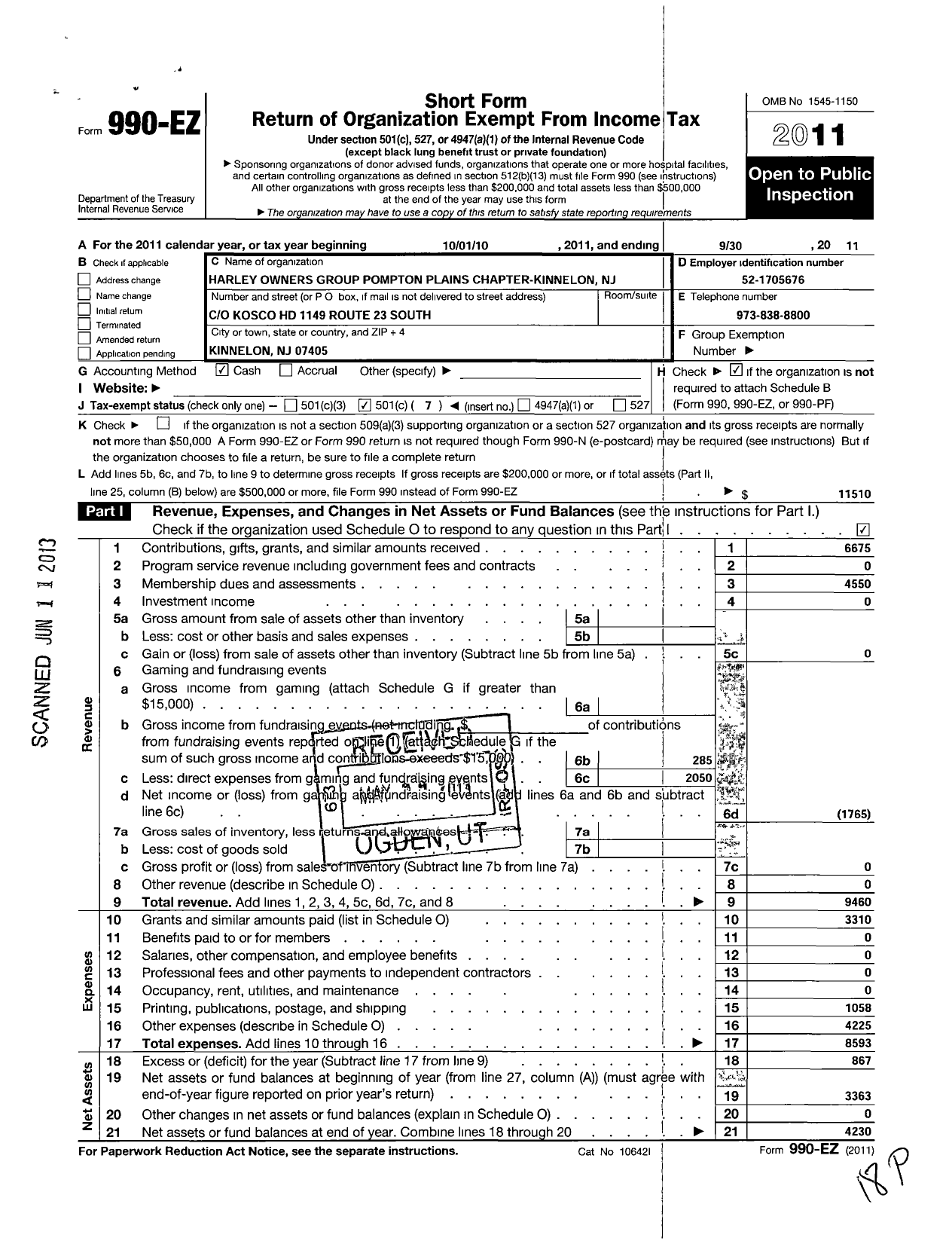 Image of first page of 2010 Form 990EO for Harley Owners Group Garden State Chapter Morris County NJ A NJ Non