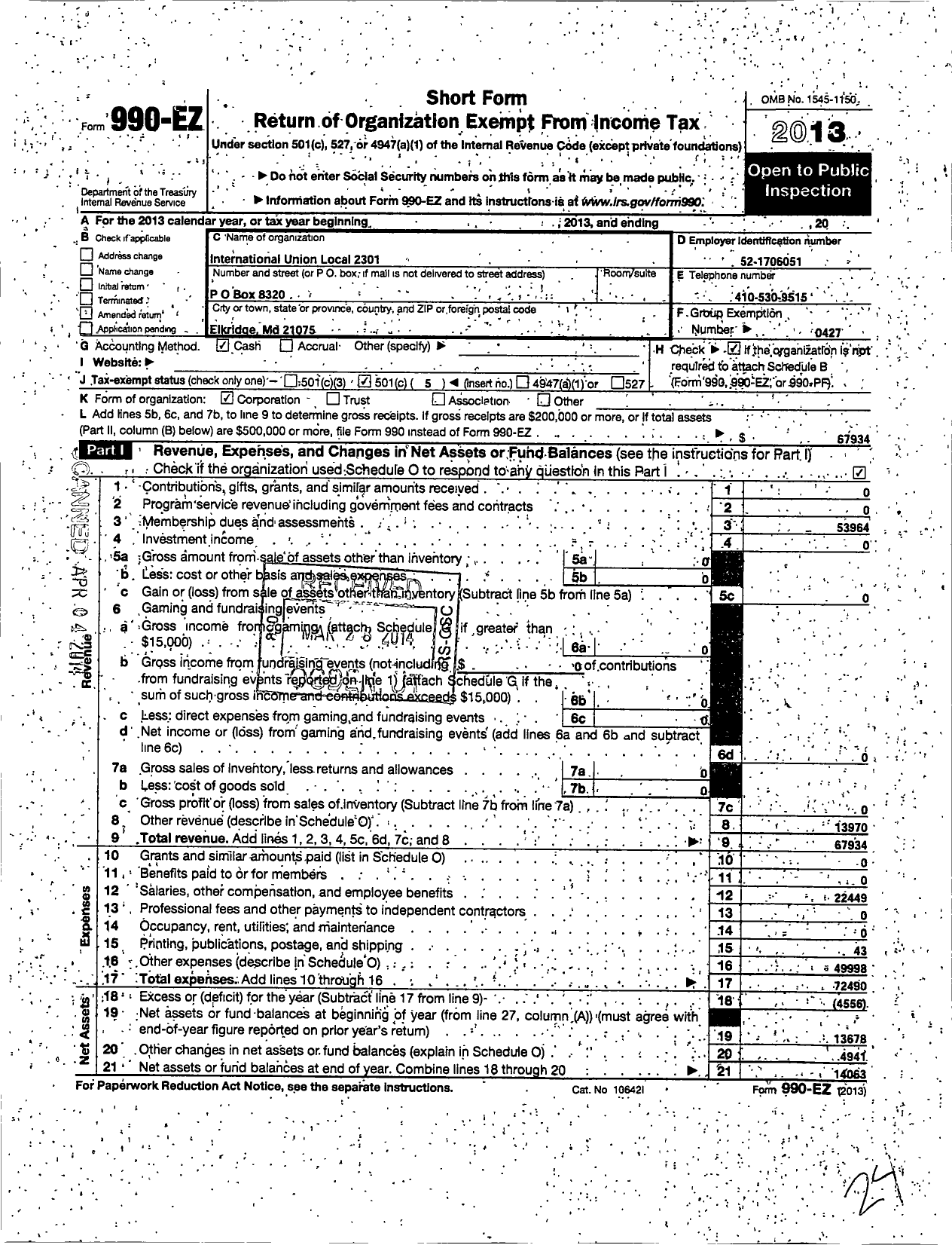 Image of first page of 2013 Form 990EO for Uaw - 2301 Uaw Local (2301 Uaw Local)