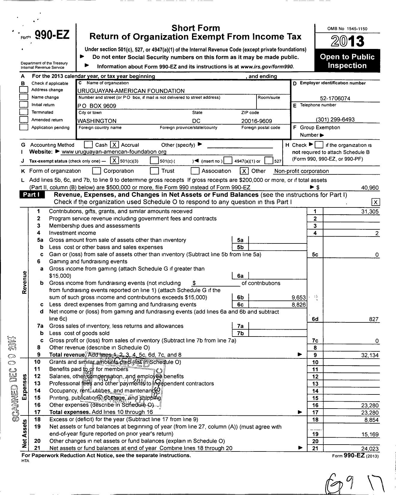 Image of first page of 2013 Form 990EZ for Uruguayan-American Foundation