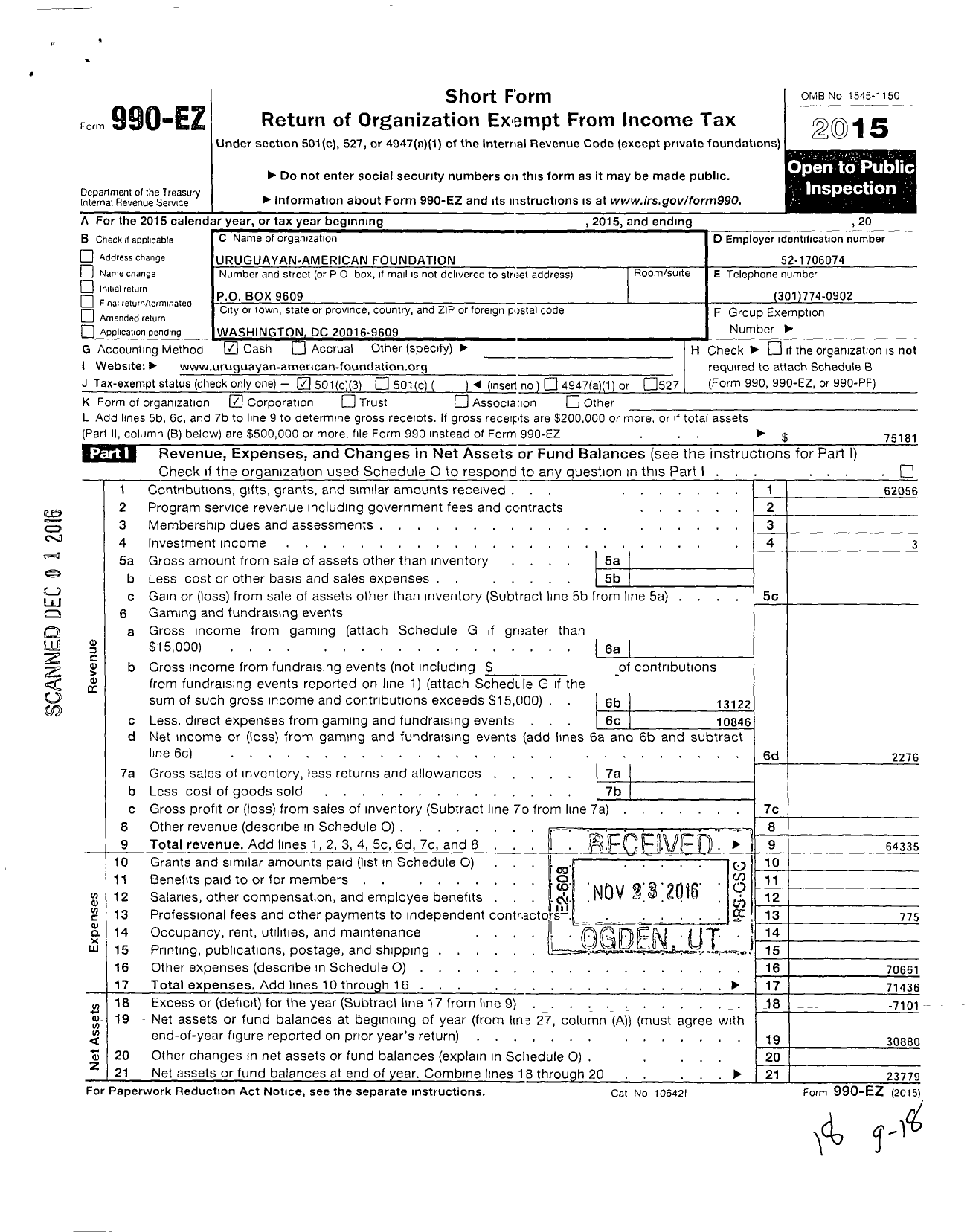 Image of first page of 2015 Form 990EZ for Uruguayan-American Foundation