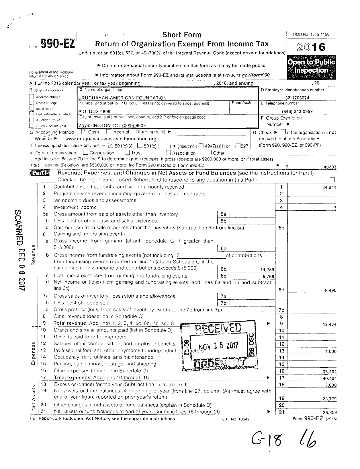 Image of first page of 2016 Form 990EZ for Uruguayan-American Foundation