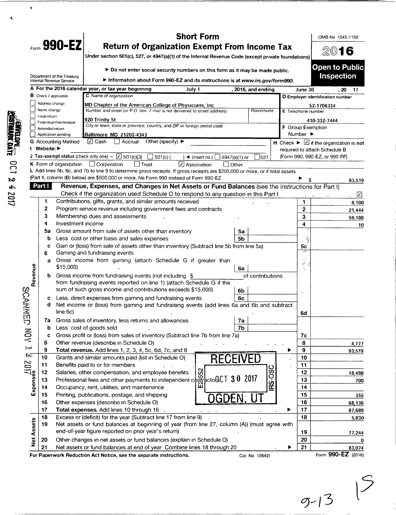 Image of first page of 2016 Form 990EZ for MD Chapter of the American College of Physicians