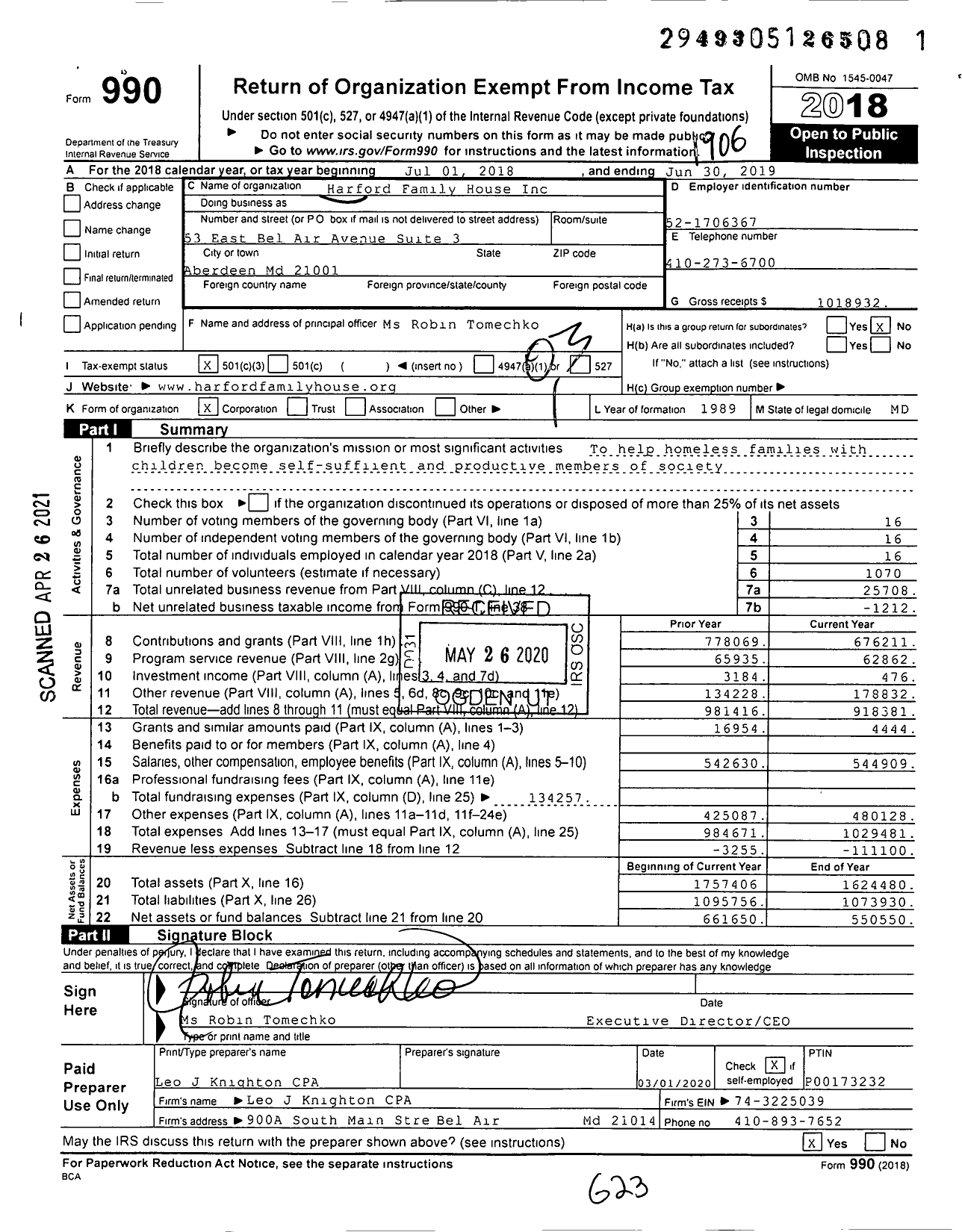 Image of first page of 2018 Form 990 for Harford Family House