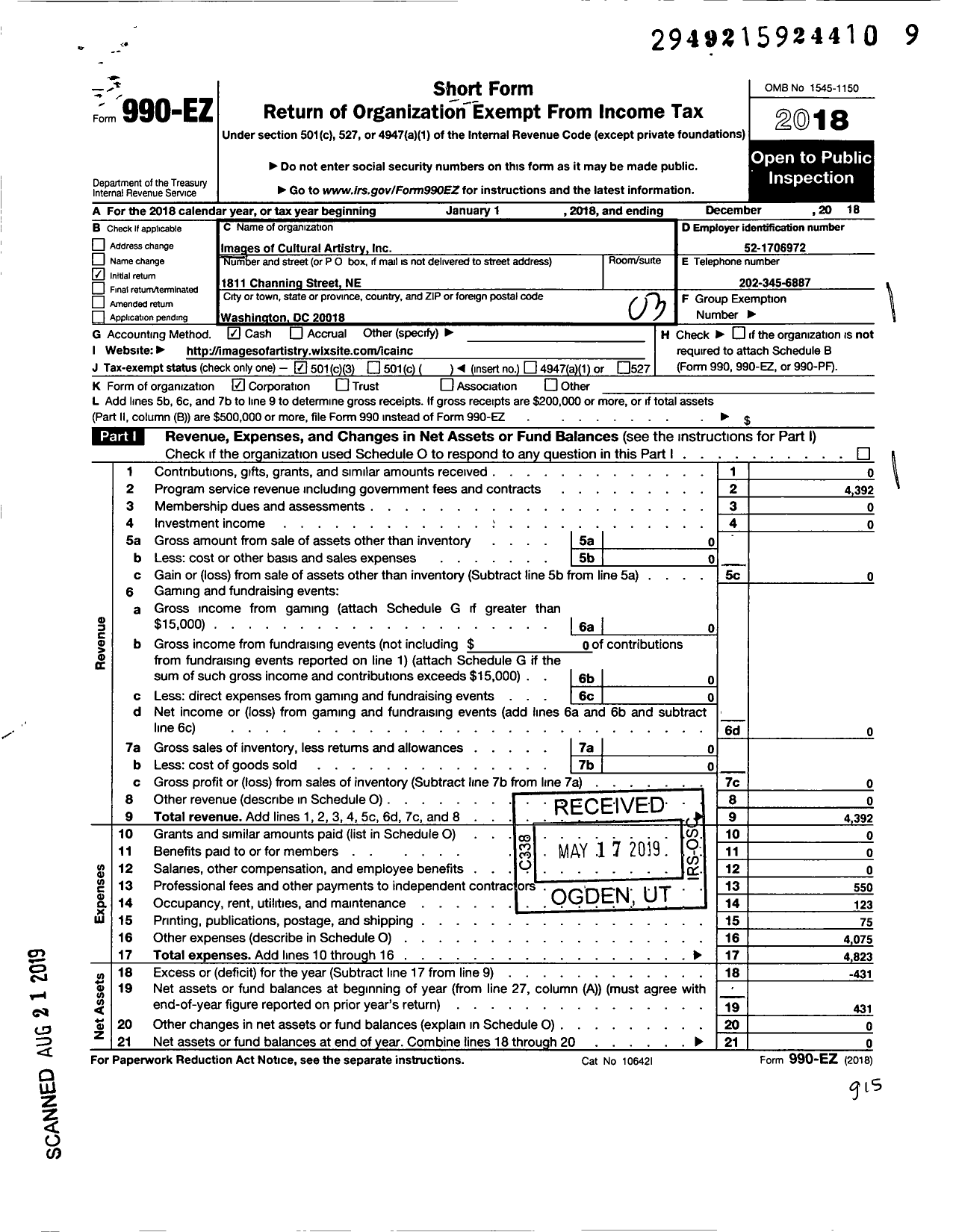 Image of first page of 2018 Form 990EZ for Images of Cultural Artistry