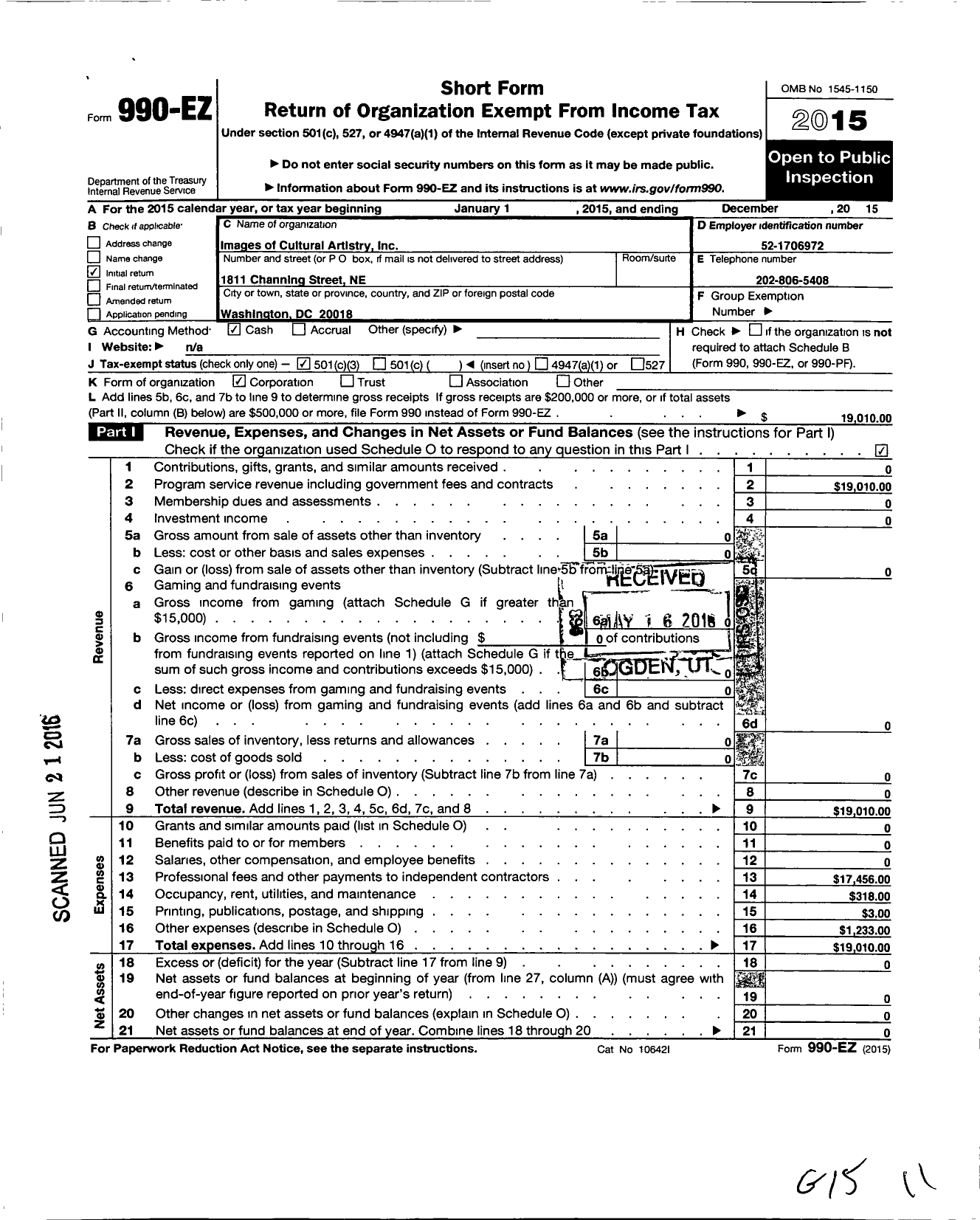 Image of first page of 2015 Form 990EZ for Images of Cultural Artistry