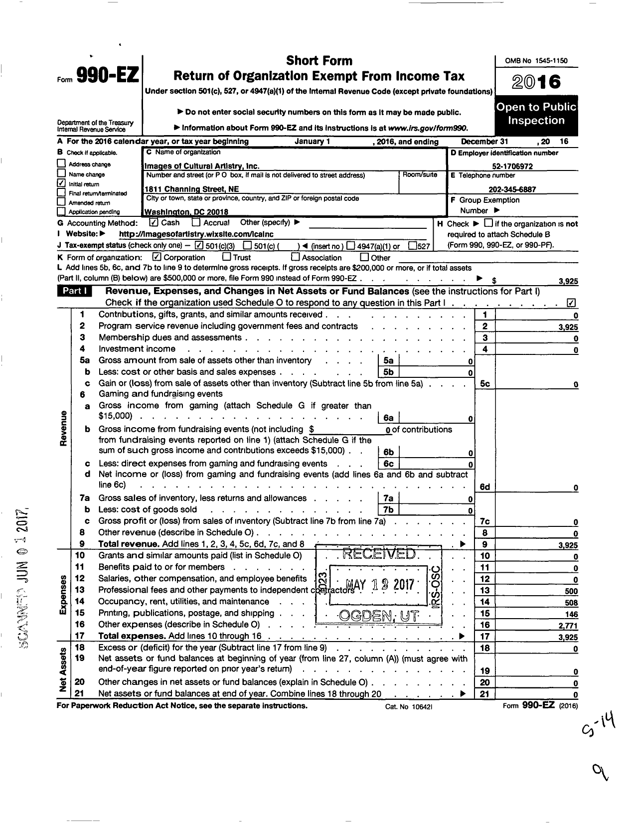 Image of first page of 2016 Form 990EZ for Images of Cultural Artistry