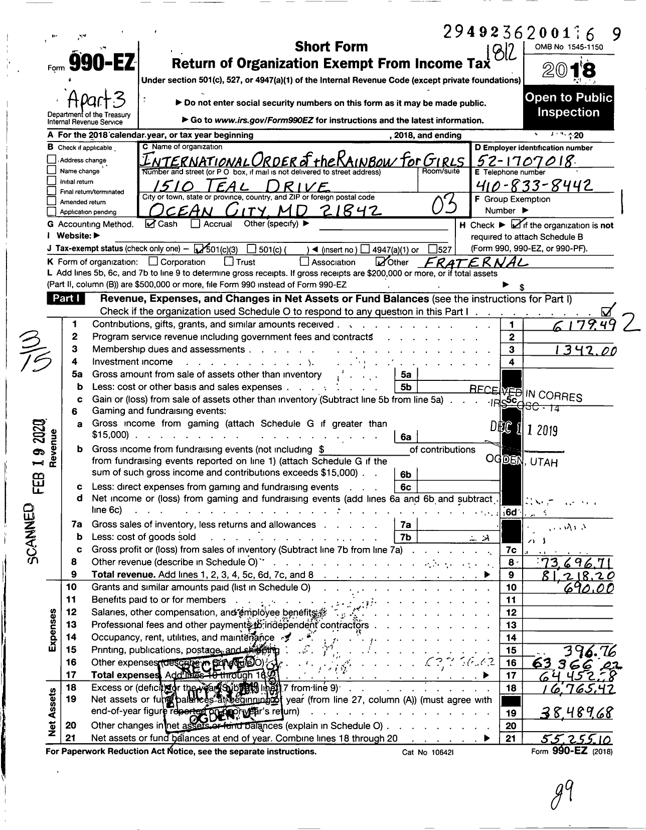 Image of first page of 2018 Form 990EZ for International Order of the Rainbow Girls - Maryland Grand Assembly