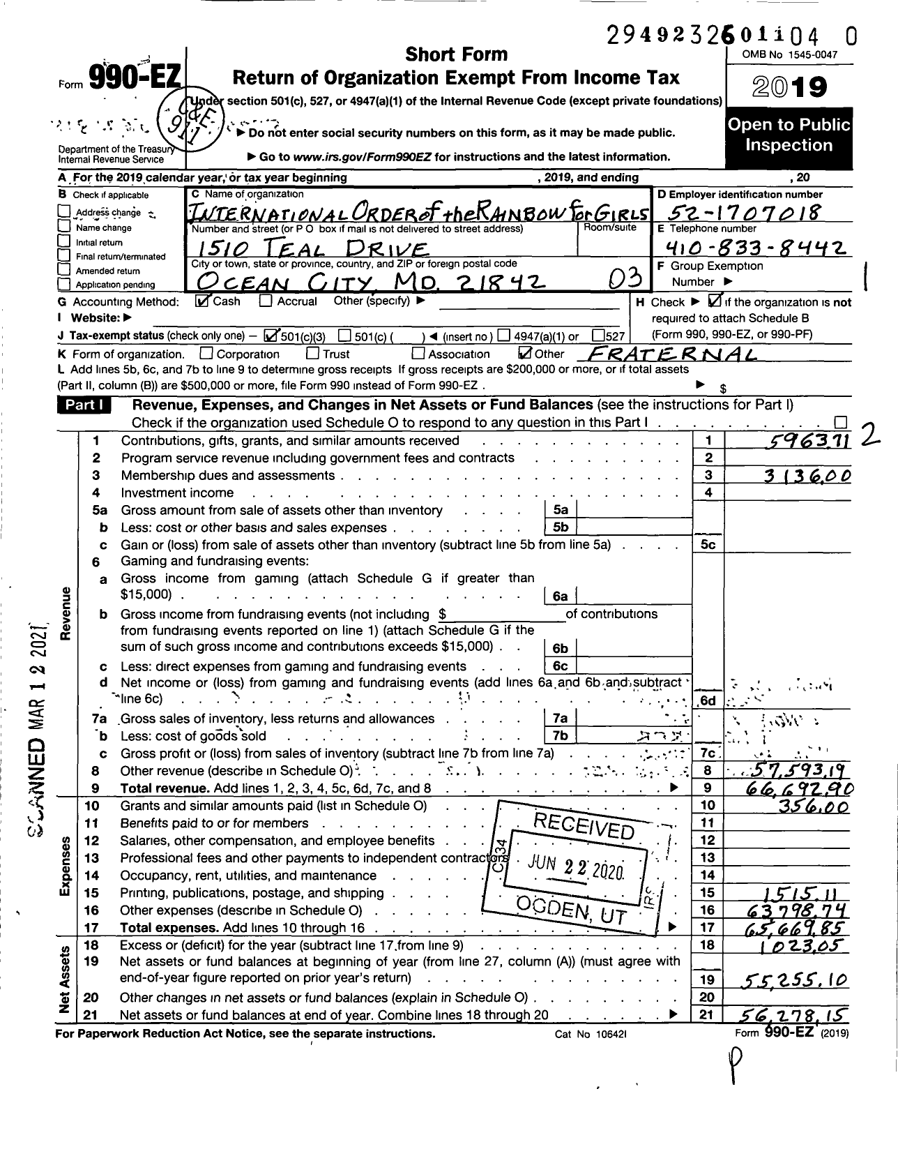 Image of first page of 2019 Form 990EZ for International Order of the Rainbow Girls - Maryland Grand Assembly