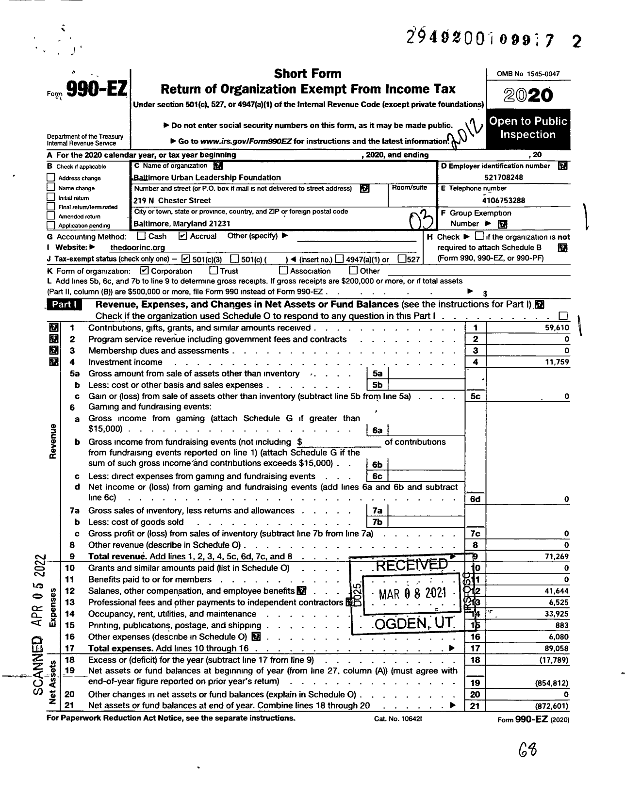 Image of first page of 2020 Form 990EZ for The Door