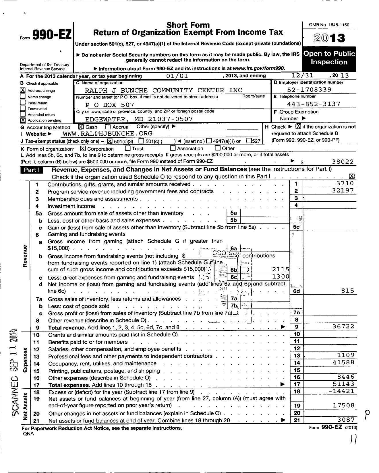 Image of first page of 2013 Form 990EZ for Ralph J Bunche Community Center