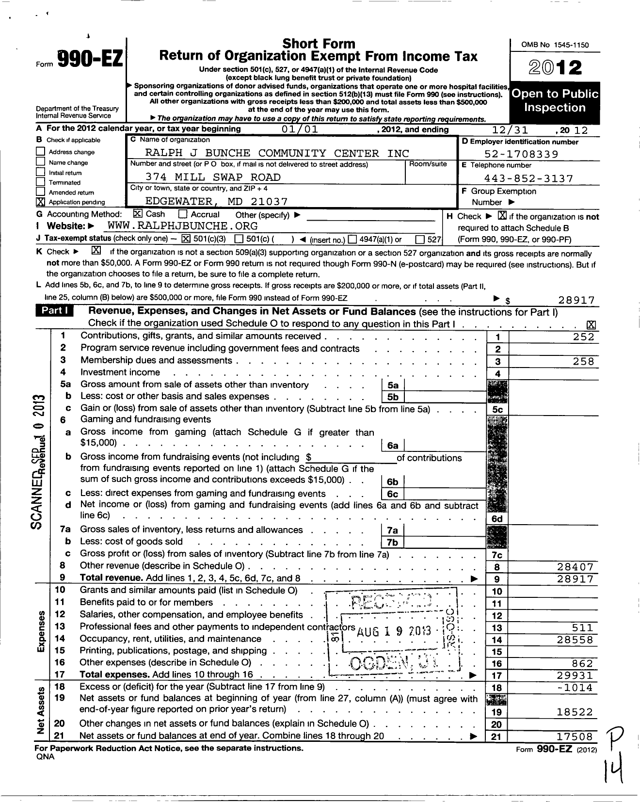 Image of first page of 2012 Form 990EZ for Ralph J Bunche Community Center