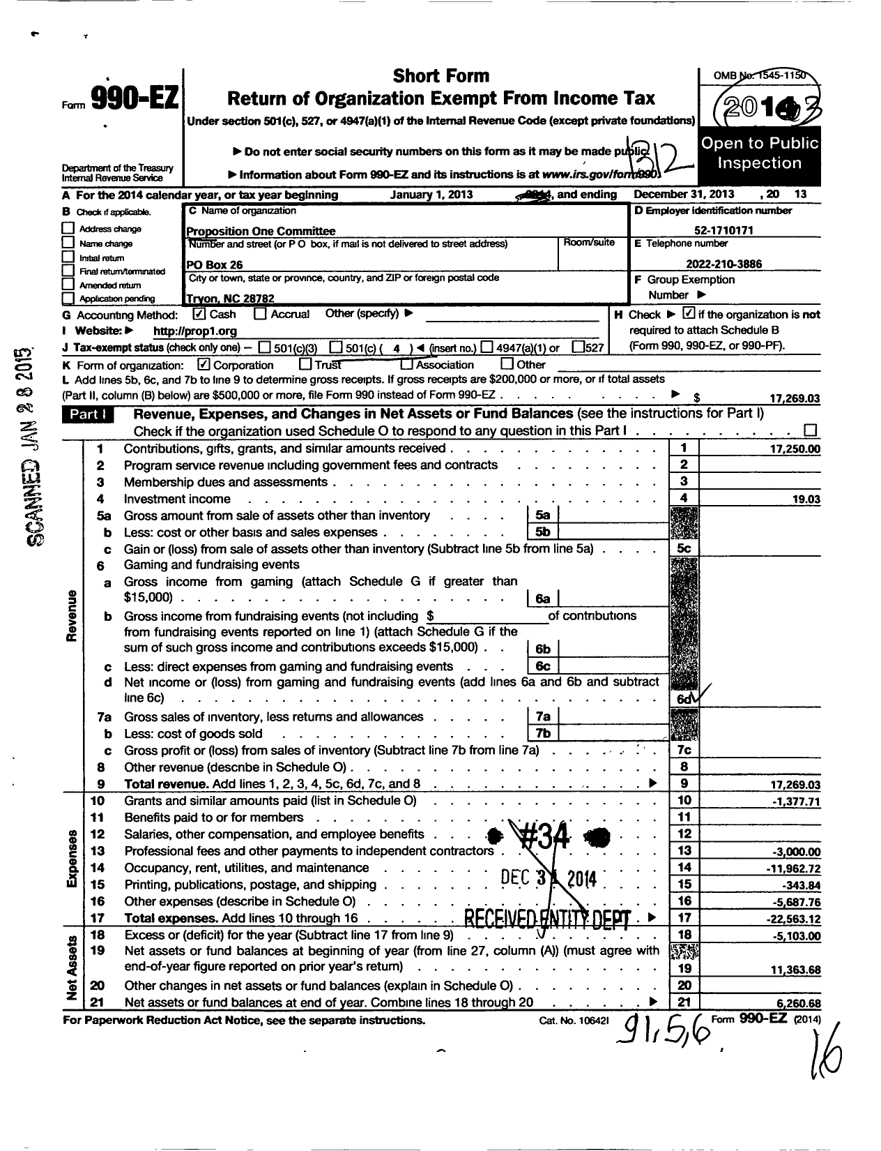 Image of first page of 2013 Form 990EO for Proposition One Committee