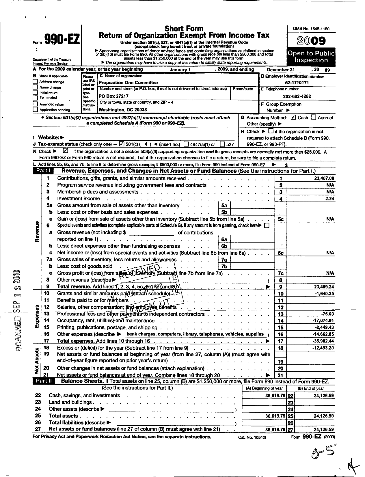 Image of first page of 2009 Form 990EO for Proposition One Committee