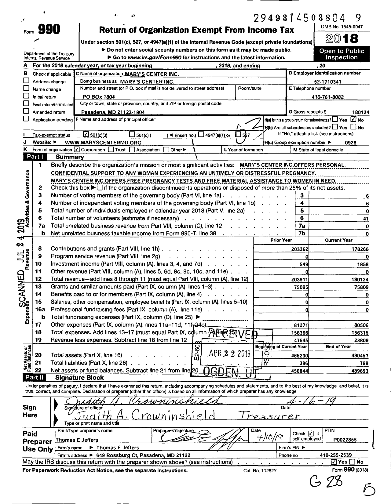 Image of first page of 2018 Form 990 for Mary's Center