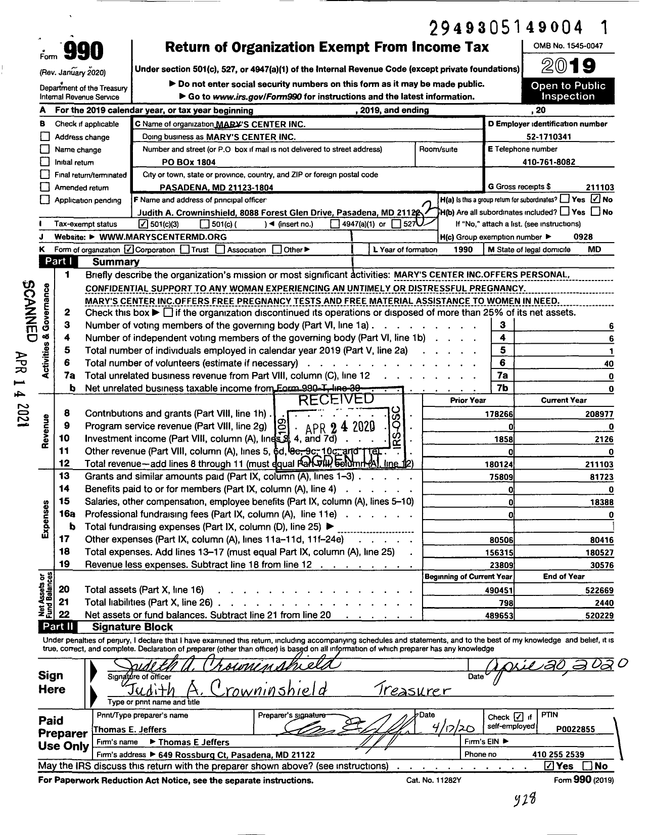 Image of first page of 2019 Form 990 for Mary's Center