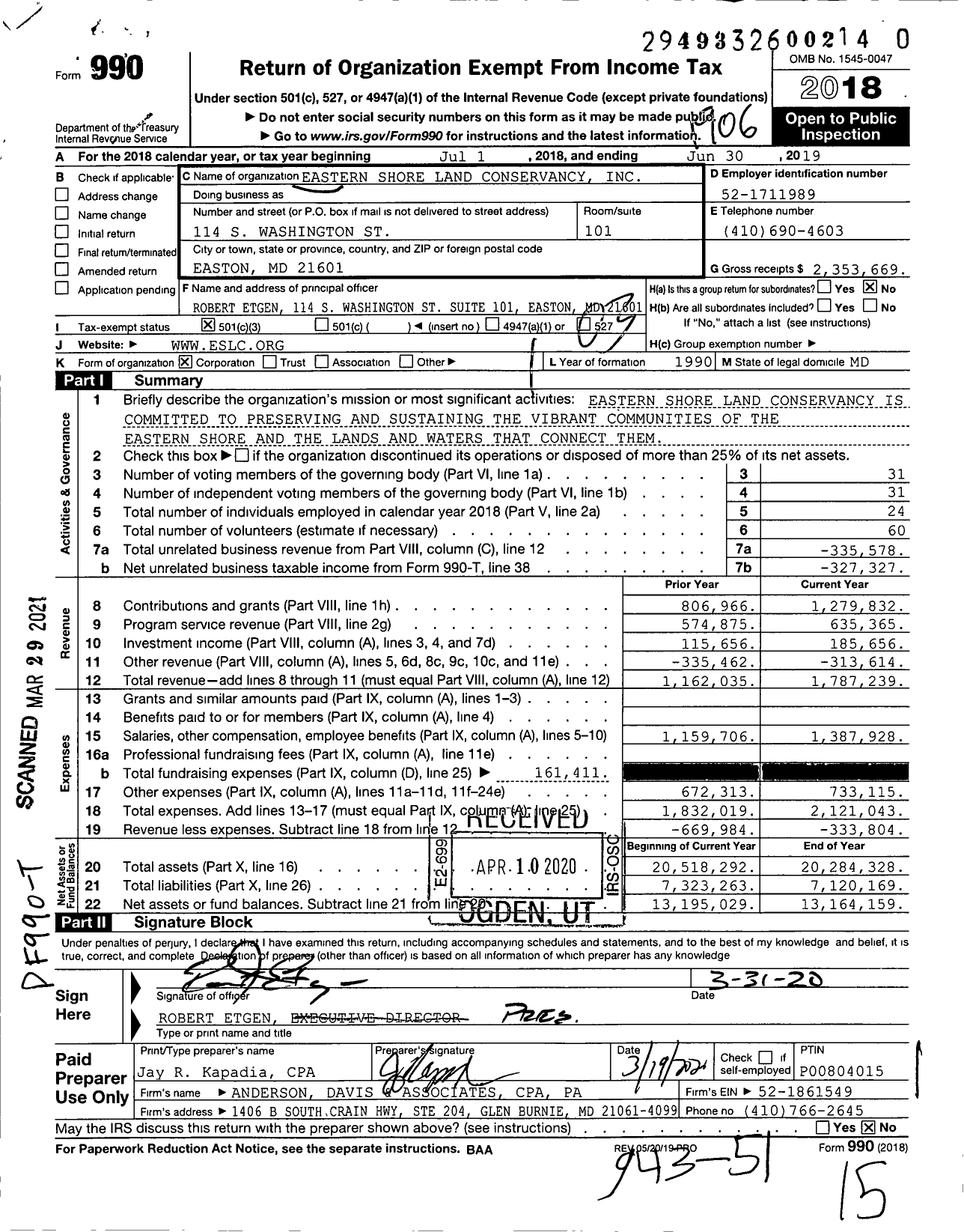 Image of first page of 2018 Form 990 for Eastern Shore Land Conservancy