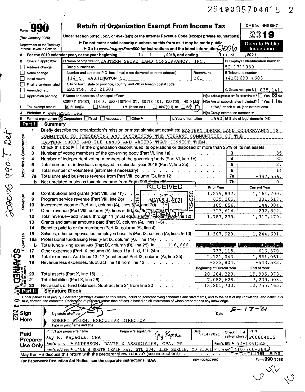 Image of first page of 2019 Form 990 for Eastern Shore Land Conservancy