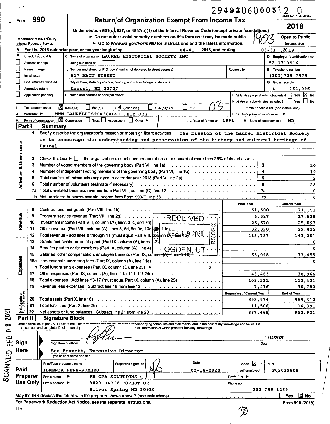 Image of first page of 2018 Form 990 for Laurel Historical Society