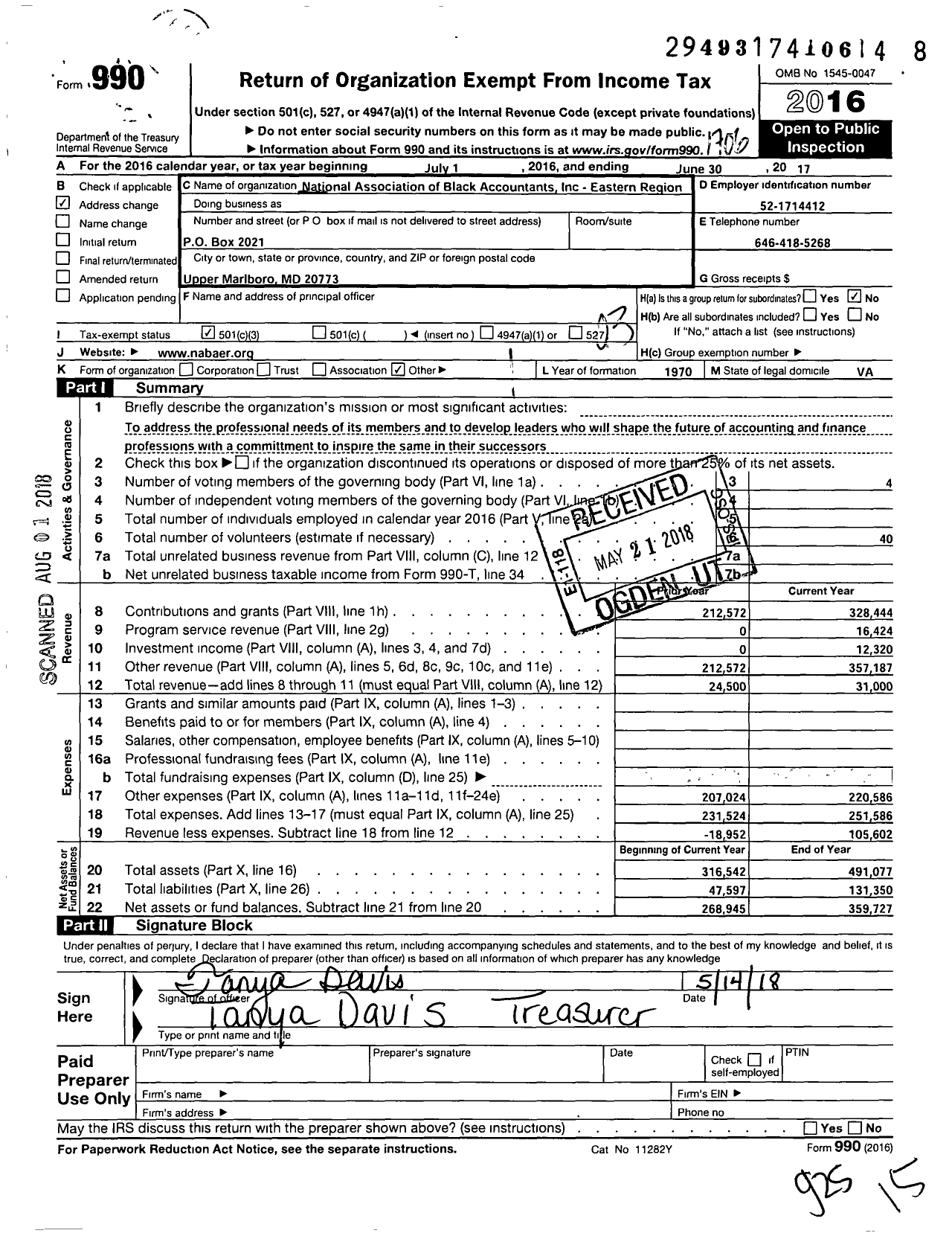 Image of first page of 2016 Form 990 for NATIONAL ASSOCIATION OF BLACK ACCOUNTANTS INC - Eastern Region