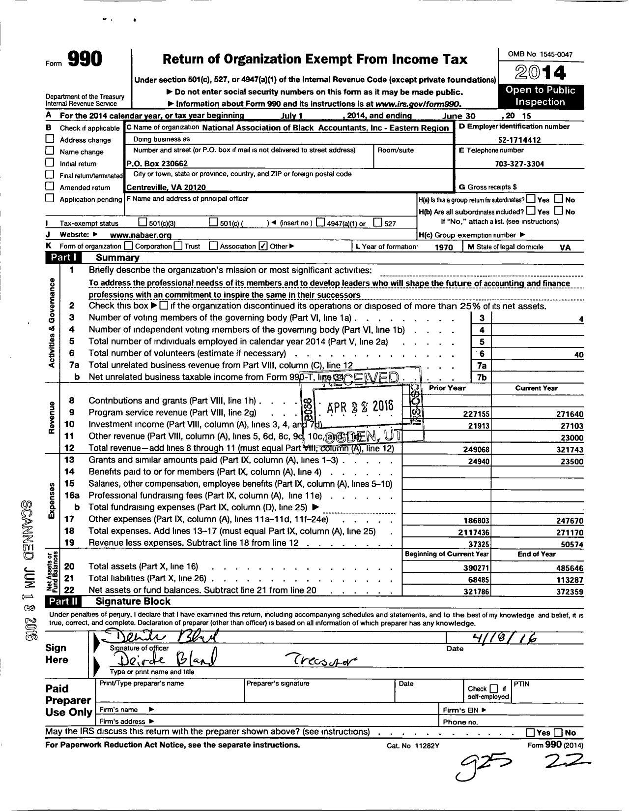 Image of first page of 2014 Form 990O for NATIONAL ASSOCIATION OF BLACK ACCOUNTANTS INC - Eastern Region