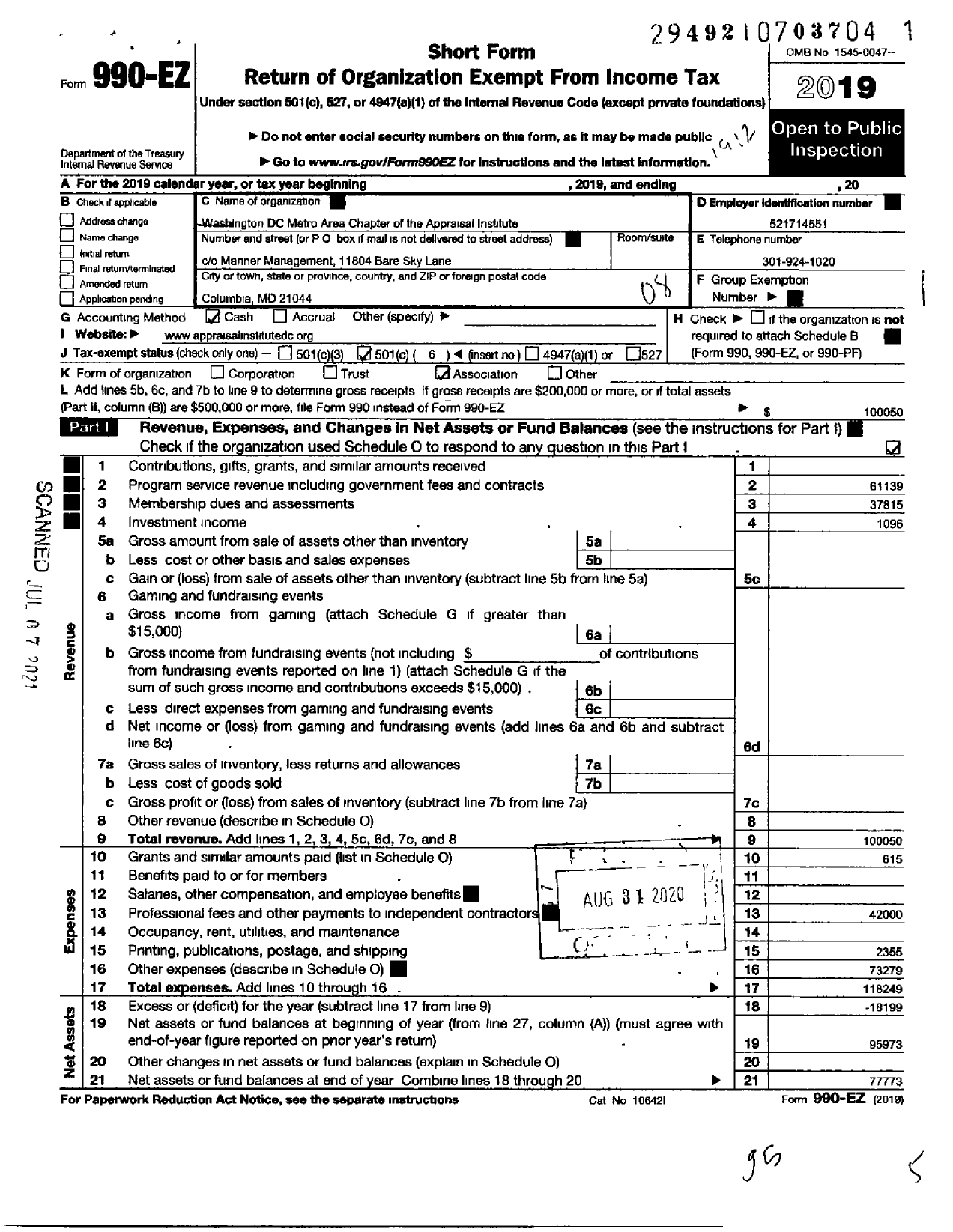 Image of first page of 2019 Form 990EO for Washington DC Metro Chapter of the Appraisal Institute