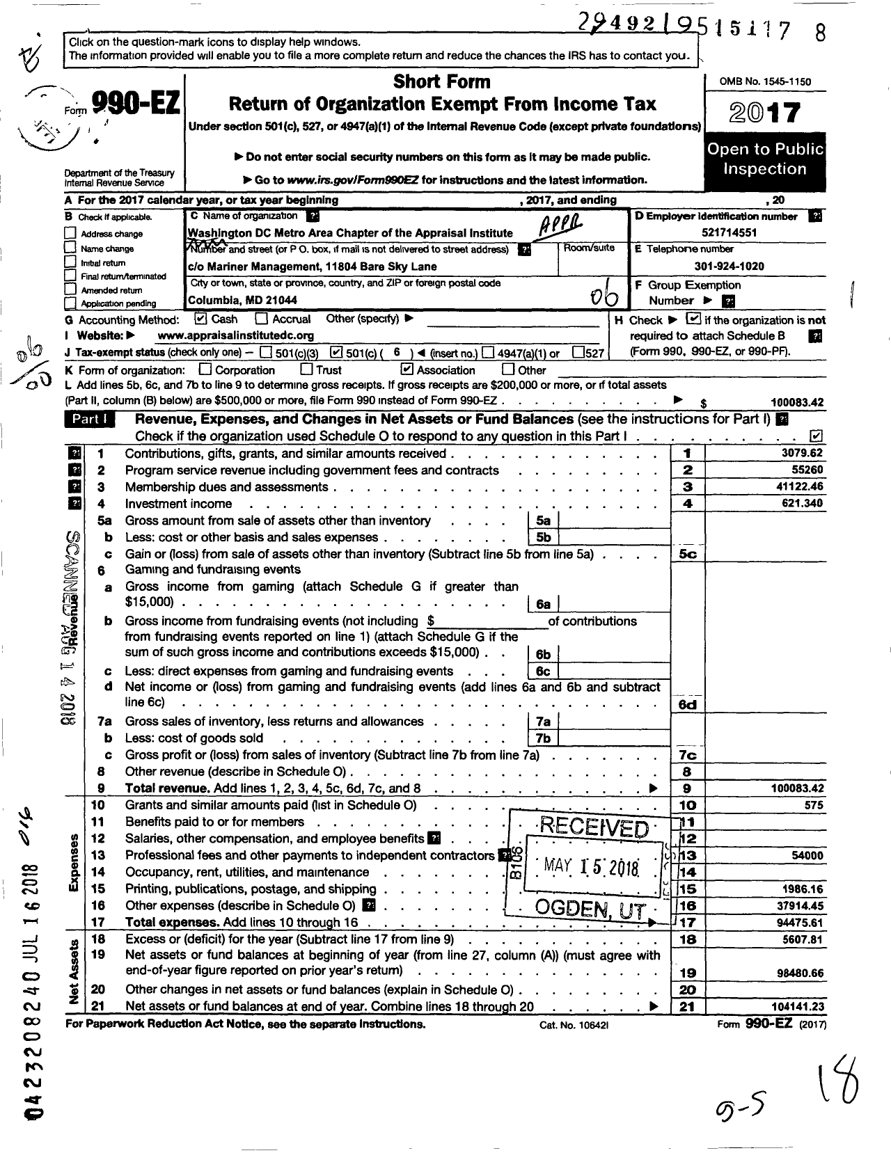 Image of first page of 2017 Form 990EO for Washington DC Metro Chapter of the Appraisal Institute