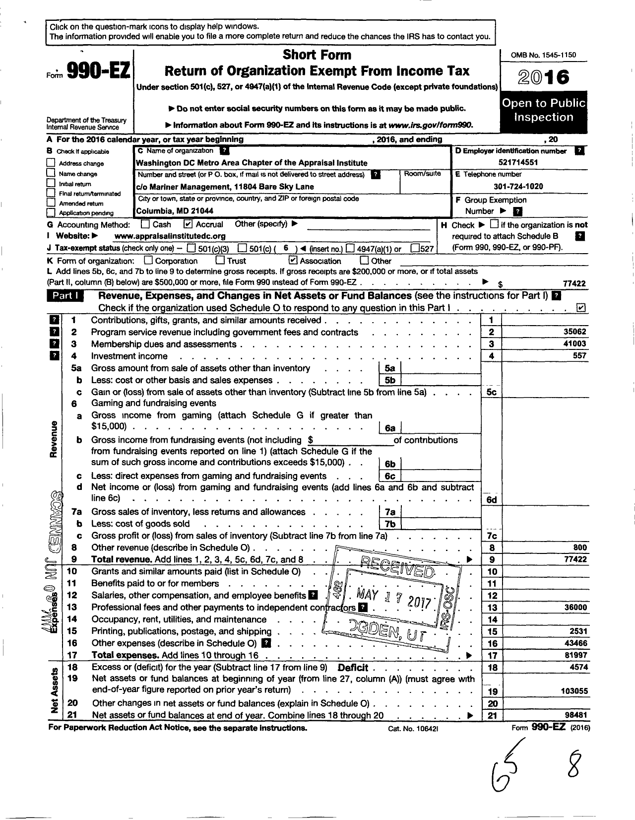 Image of first page of 2016 Form 990EO for Washington DC Metro Chapter of the Appraisal Institute