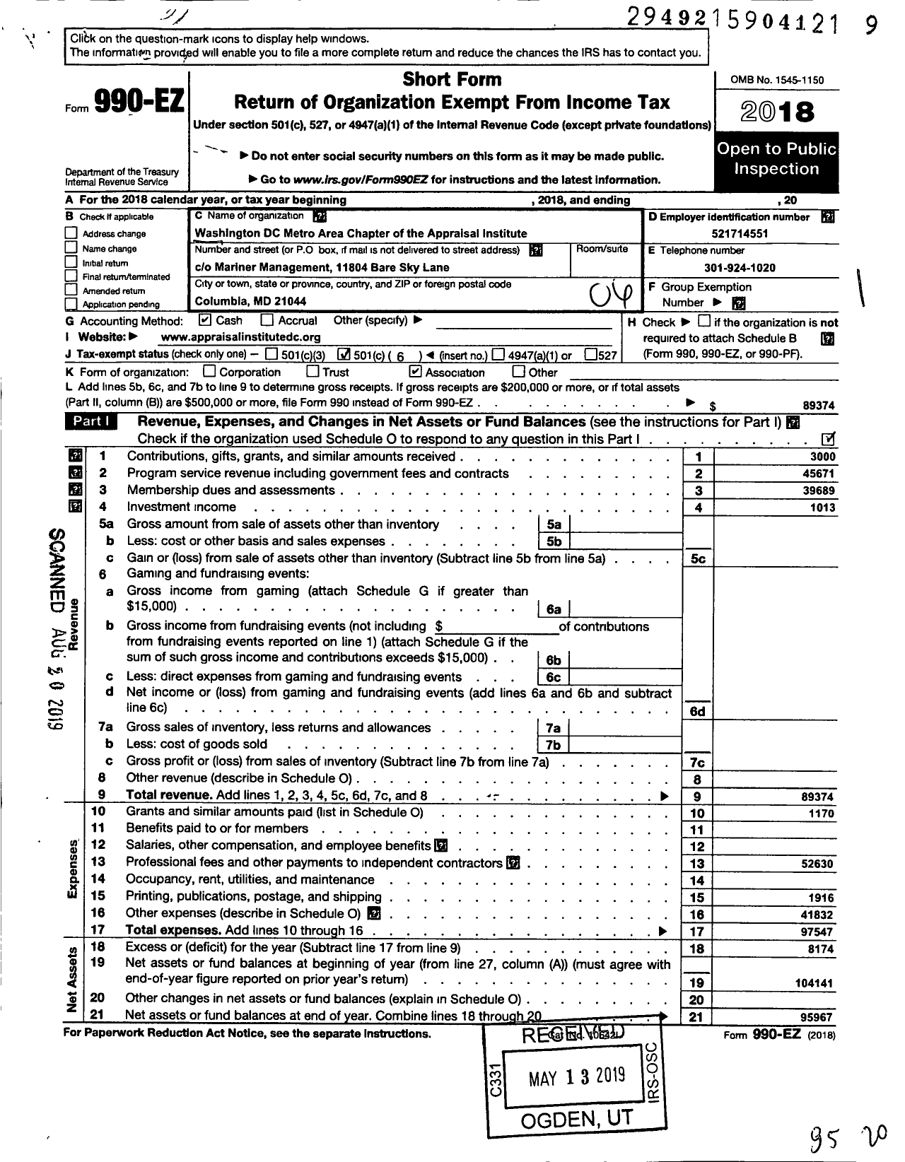 Image of first page of 2018 Form 990EO for Washington DC Metro Chapter of the Appraisal Institute