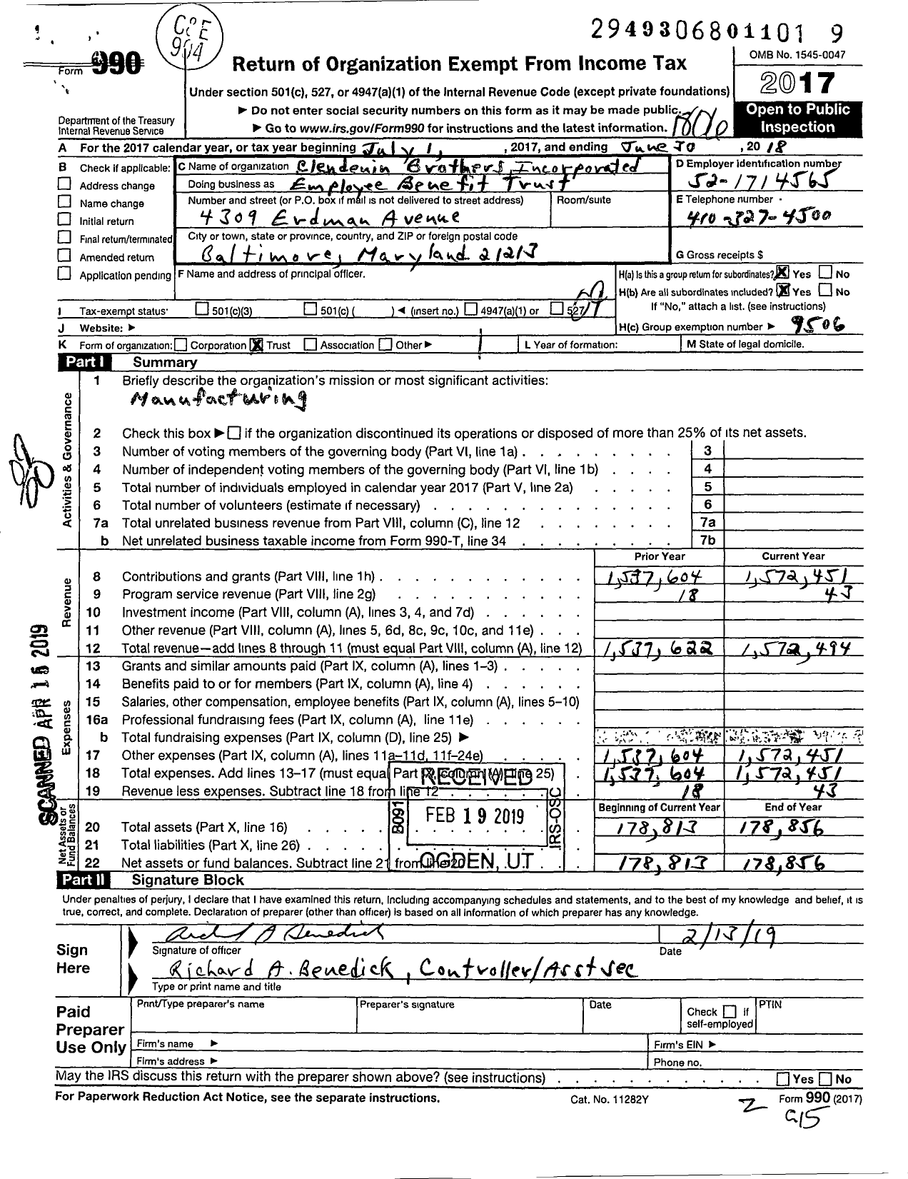 Image of first page of 2017 Form 990O for Clendenin Brothers Incorporated