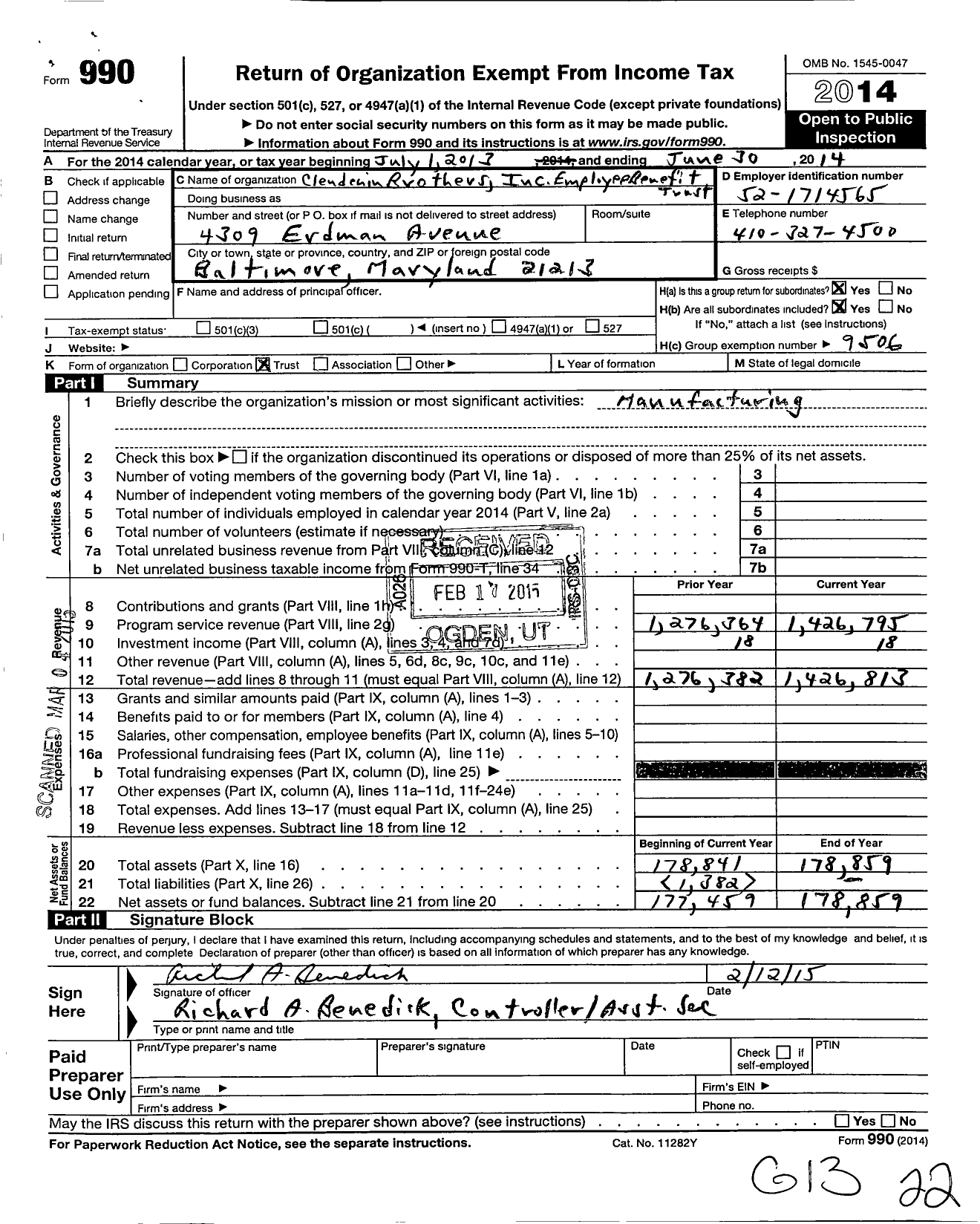Image of first page of 2013 Form 990O for Clendenin Brothers Incorporated